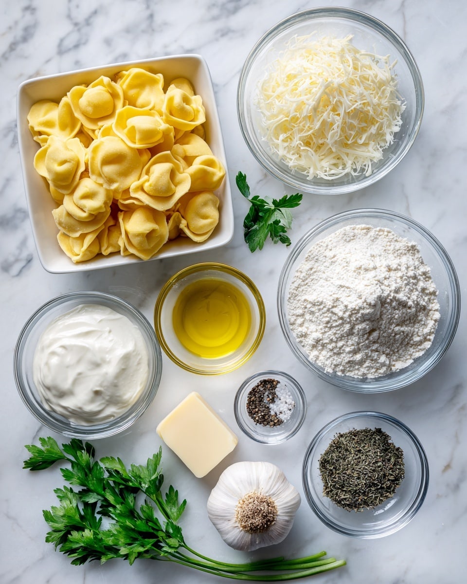 A top view of small bowls and ingredients arranged neatly on a white marbled surface, including a white rectangular bowl filled with yellow tortellini pasta at the top left; a small glass bowl of white cream to the top right; a glass bowl with light grated parmesan below the cream; a small glass bowl with white flour to the right of the parmesan; a small glass bowl containing light yellow olive oil below the flour; a small glass bowl with finely ground dark thyme to the right of the olive oil; a small glass bowl with pale yellow unsalted butter at the bottom left; a small glass bowl with mixed black salt and pepper above the butter; a full garlic bulb near the center below fresh green parsley sprigs; all ingredients spaced apart with clear labels in black text beside each item; photo taken with an iphone --ar 4:5 --v 7