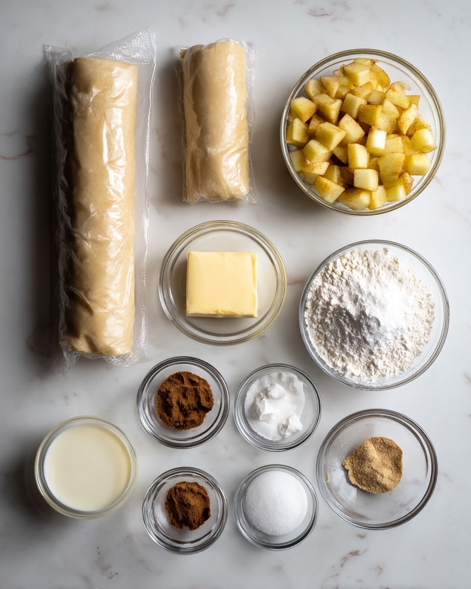 The image shows several ingredients for a recipe arranged on a white marbled surface. There is a package of pie crust on the top left, two rolled light beige dough layers visible through the clear plastic. Below, a clear glass bowl filled with small, chopped yellow and light brown apple pieces sits at the center. To the right of the pie crust, there is a medium clear bowl full of white powdered sugar. Below it, a small clear bowl holds a solid light yellow piece of butter. Near the center bottom, a variety of small clear bowls hold brown sugar, light yellow egg white liquid, white flour, milk, and small amounts of nutmeg, cinnamon, and salt powders. Each bowl and ingredient is neatly spaced and labeled with black text on white rectangular backgrounds. The scene has a clean, organized look and is well-lit. photo taken with an iphone --ar 4:5 --v 7