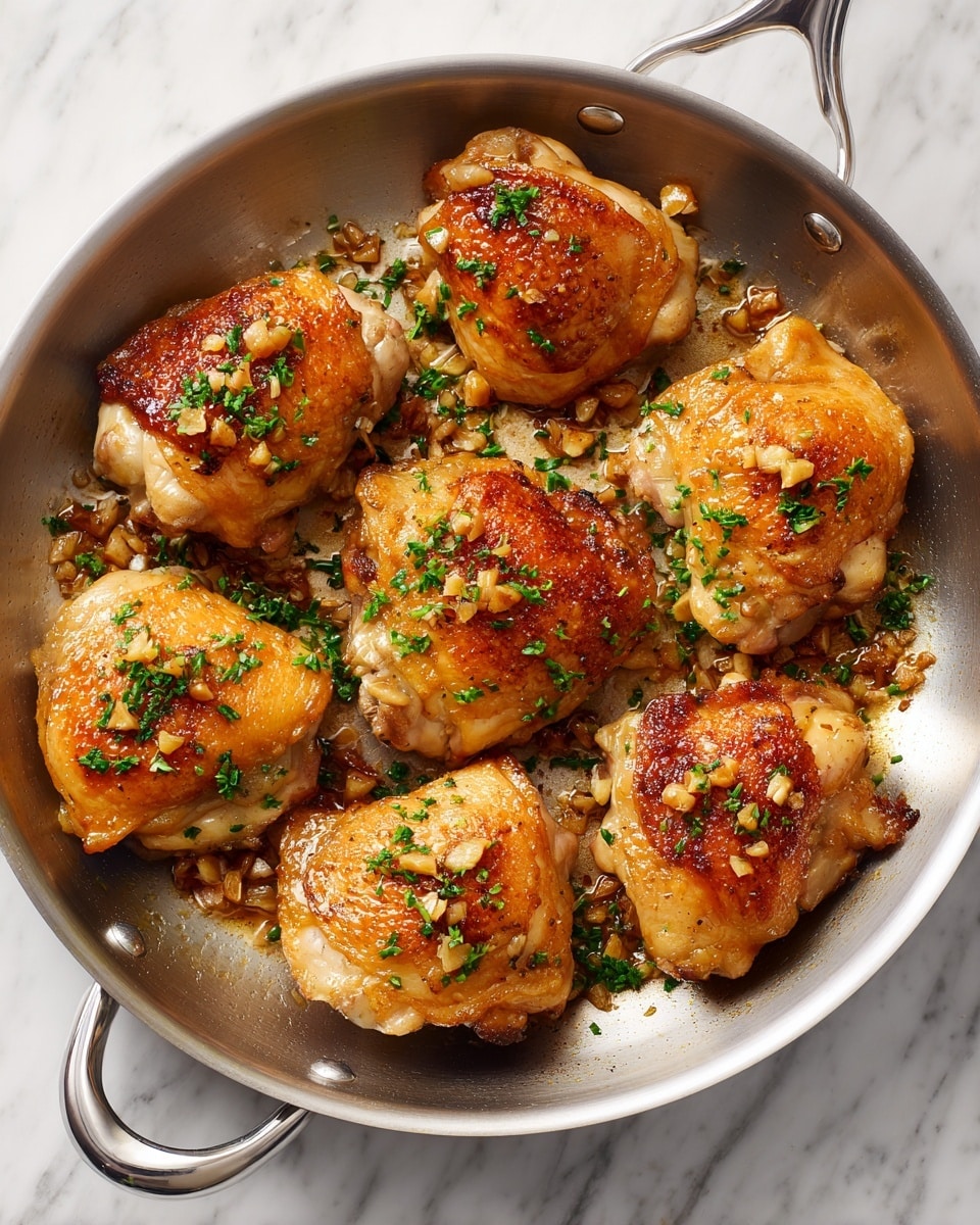 A silver frying pan filled with eight pieces of golden brown cooked chicken thighs arranged in a circular pattern, each piece showing light browning and a slightly crispy texture with small bits of browned garlic scattered on top and around them; the pan has a shiny metal handle and is placed on a white marbled surface. photo taken with an iphone --ar 4:5 --v 7