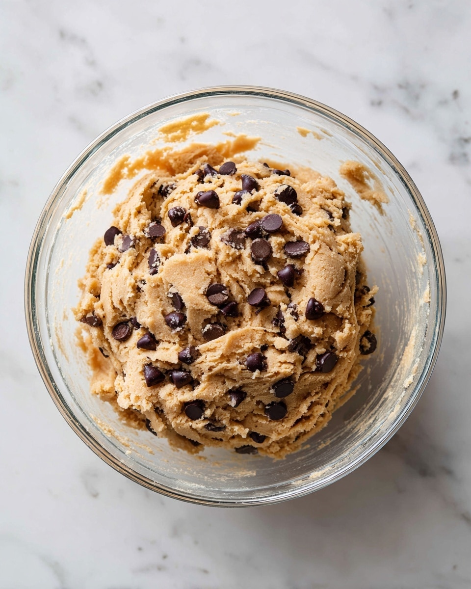 A clear glass bowl with a large ball of light brown cookie dough mixed with many dark chocolate chips is placed in the center. The dough has a soft, slightly rough texture with chocolate chips spread all over it, some deeply embedded and some on the surface. The bowl has some smudges of dough stuck around the inside edges. The background is a white marbled texture. photo taken with an iphone --ar 4:5 --v 7