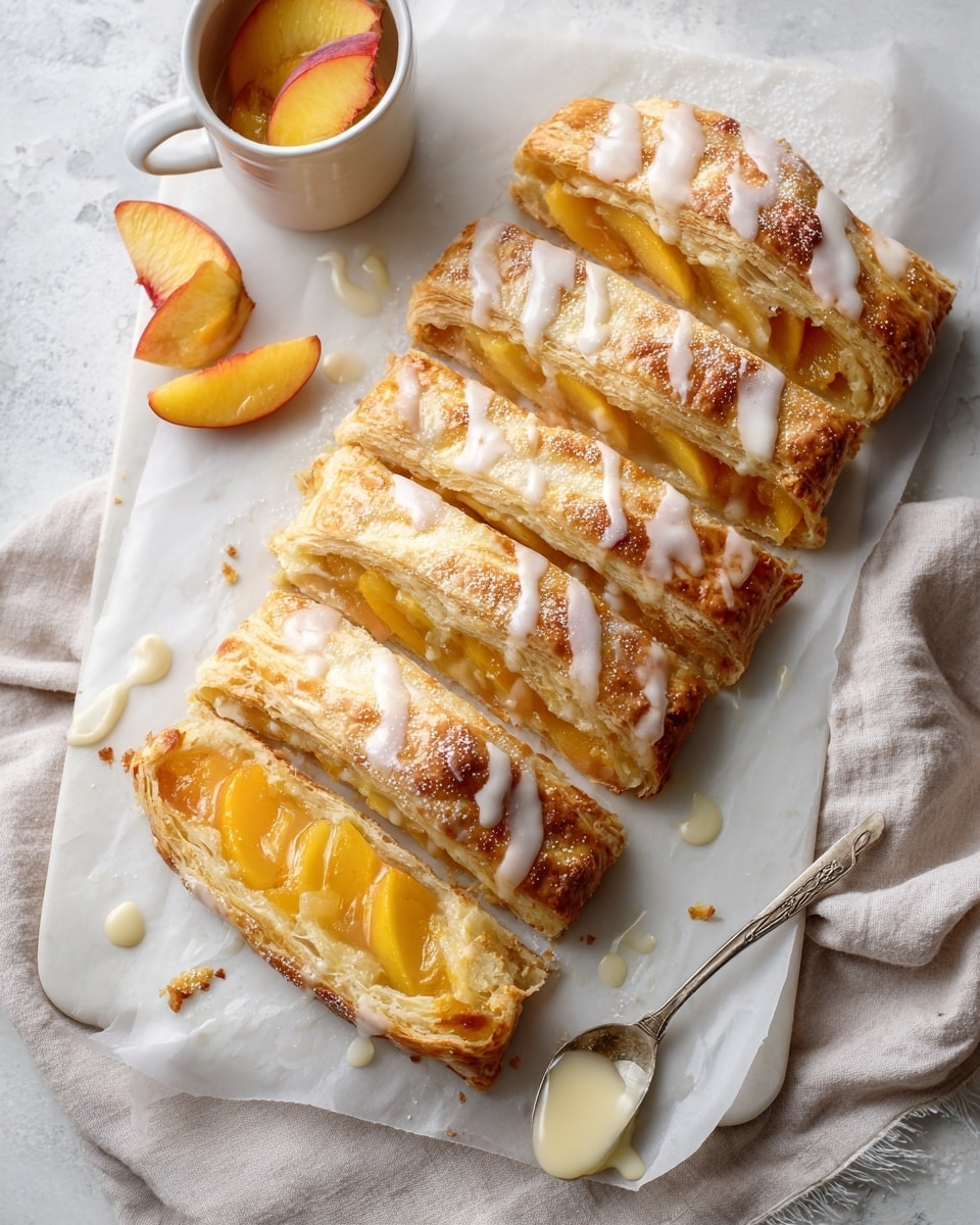 The image shows a sliced peach pastry on a white marble textured surface with parchment paper underneath. The pastry is divided into five slices, each showing golden-brown flaky layers on the outside. Inside each slice, there are visible yellow peach slices layered on a creamy white filling. A light white glaze is drizzled over the top of each pastry slice, adding shine and contrast. On the top left, a small white cup holds some peach wedges, and one peach wedge lies next to it on the parchment. A silver spoon with a dollop of glaze sits to the right of the pastry, with a small dollop beside it. The whole scene gives a fresh, appetizing look. Photo taken with an iphone --ar 4:5 --v 7