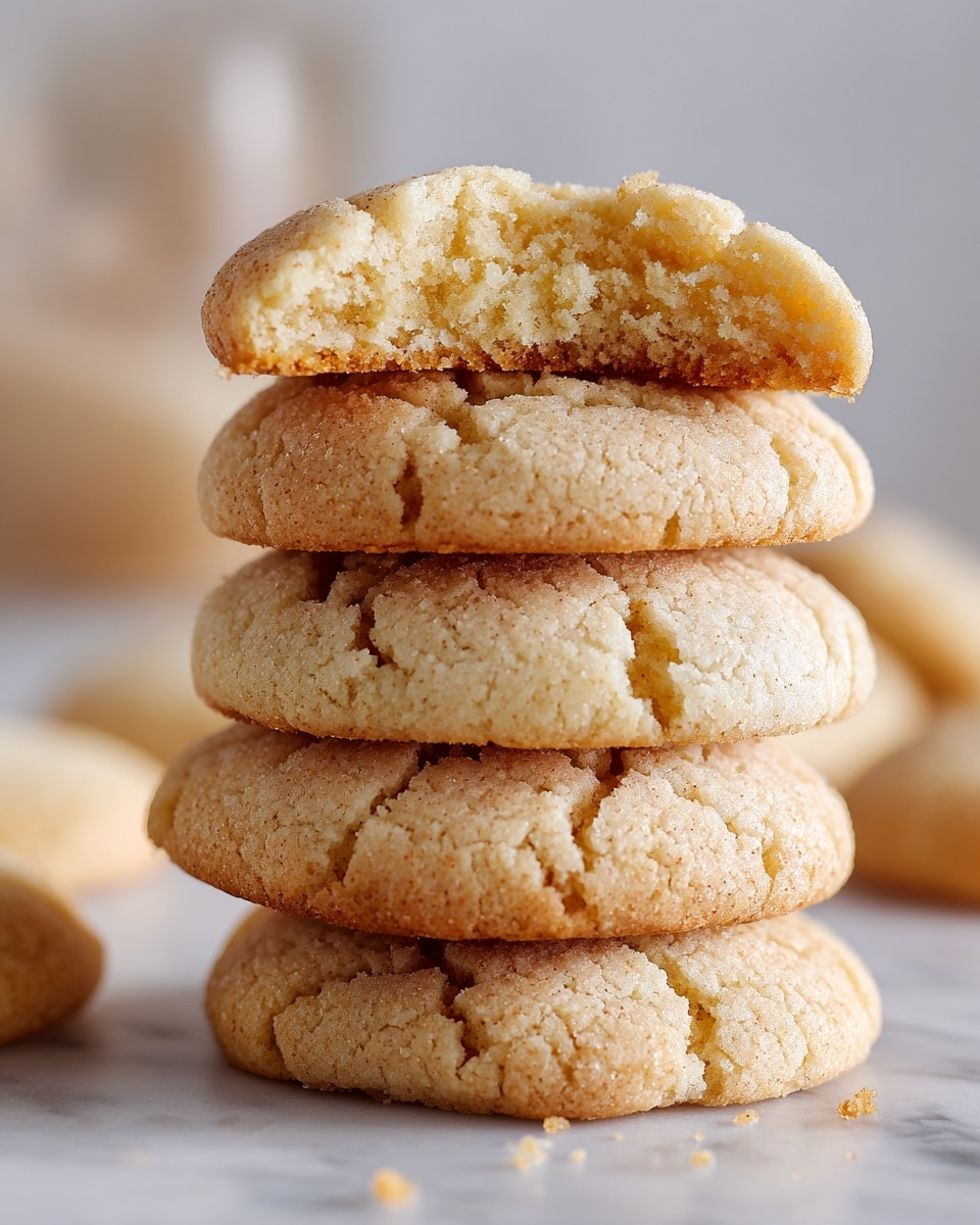 A close-up view of a stack of four soft, light beige cookies resting on a white marbled surface, each cookie showing fine cracks and a slightly crumbly texture with a gentle golden edge at the bottom of the stack. The top cookie is split in half with the upper half tilted slightly forward to reveal a soft, airy inside with a pale golden color and a crumbly texture. The background is softly blurred with light neutral tones. photo taken with an iphone --ar 4:5 --v 7