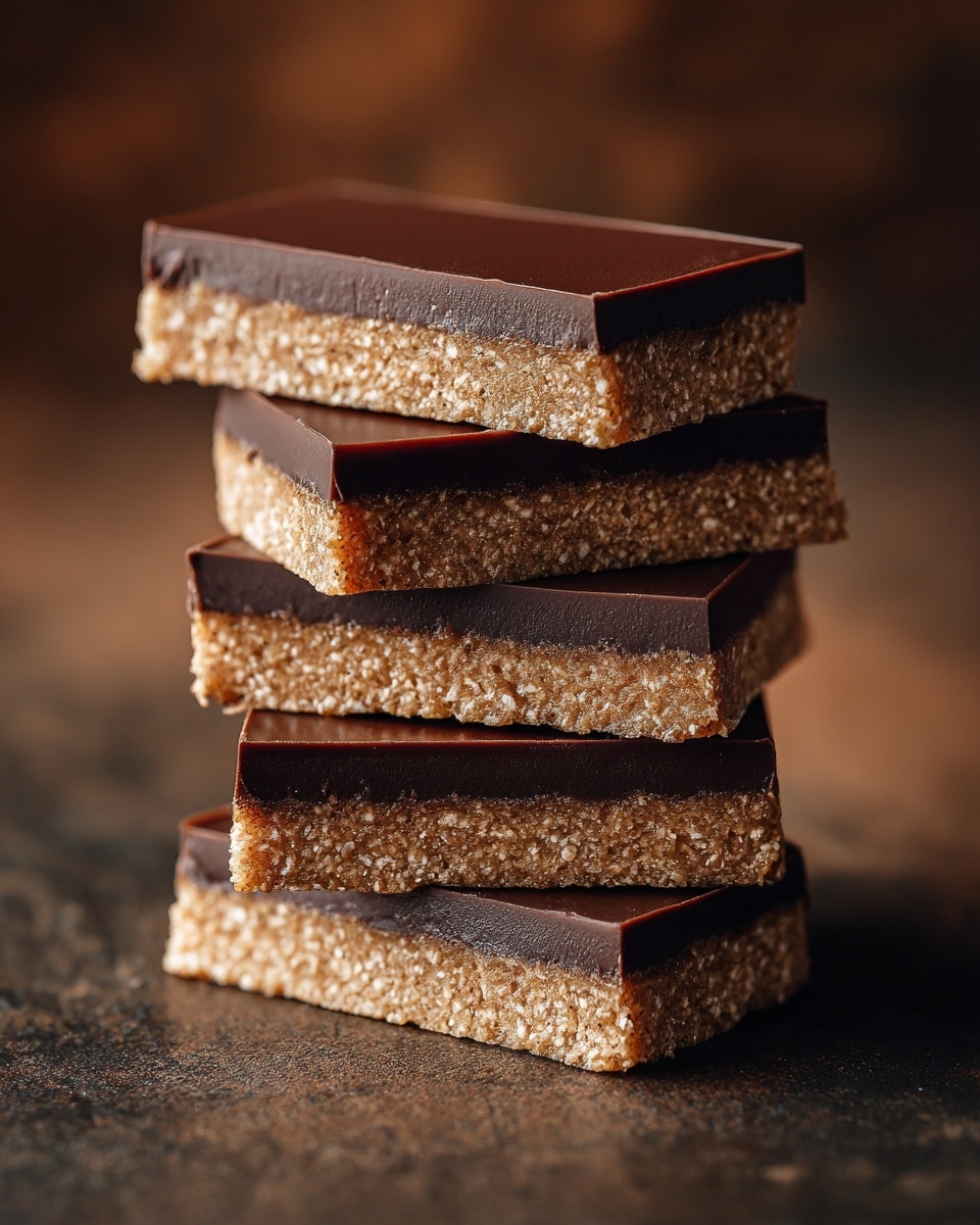 The image shows a stack of five rectangular bars, each made of two layers. The bottom layer is thick, light brown in color, with a rough texture that looks grainy and dense. The top layer is a thinner, smooth dark brown chocolate layer that evenly covers each bar. The bars are placed one on top of another, standing straight, with sharp clean edges. The background is blurred with warm brown tones, and the bars sit on a dark surface. photo taken with an iphone --ar 4:5 --v 7