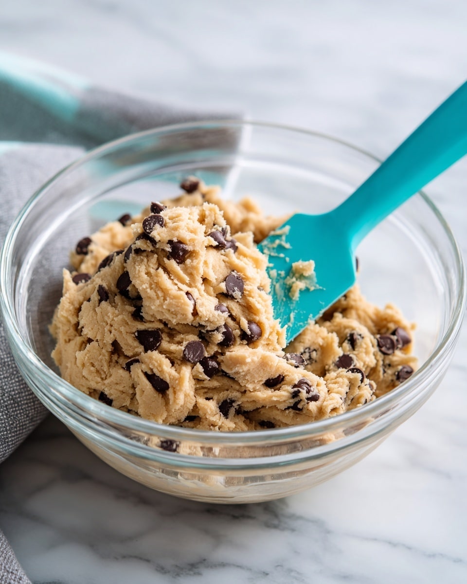 A clear glass bowl filled with light brown cookie dough mixed with dark chocolate chips, showing a soft, thick texture. Inside the bowl is a turquoise spatula partially covered in dough, resting against the side. The bowl sits on a white marbled surface with a gray cloth partially visible in the background. The photo taken with an iphone --ar 4:5 --v 7