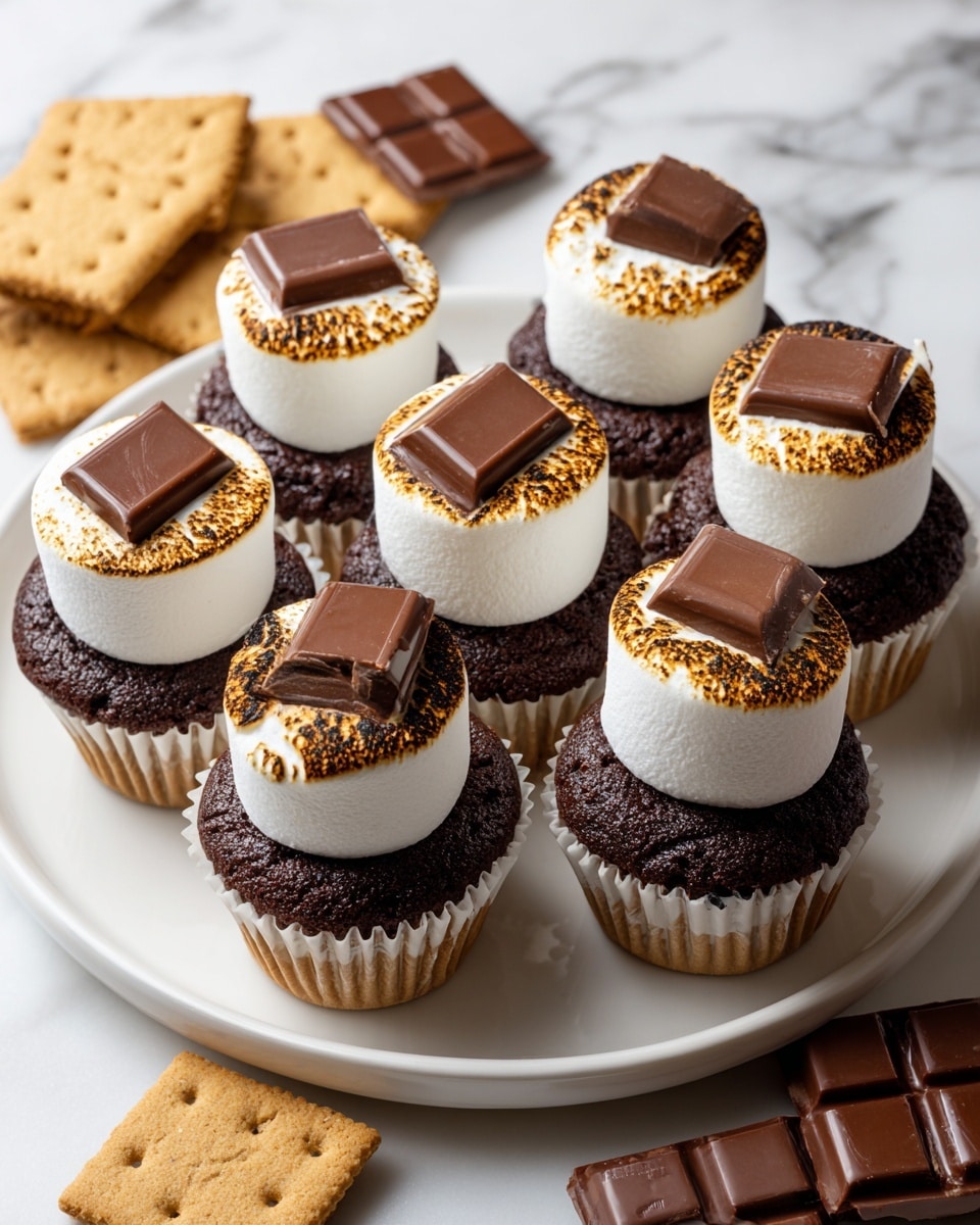 A white round plate holds eight chocolate cupcakes arranged closely. Each cupcake has three layers: a dark brown chocolate base with a smooth surface, topped by a toasted white marshmallow with light golden brown gradient on top, and finished with a small rectangular piece of milk chocolate . The cupcakes sit in light golden brown paper liners. Around the plate, there are pieces of graham crackers and extra milk chocolate squares on a white marbled surface. Photo taken with an iphone --ar 4:5 --v 7