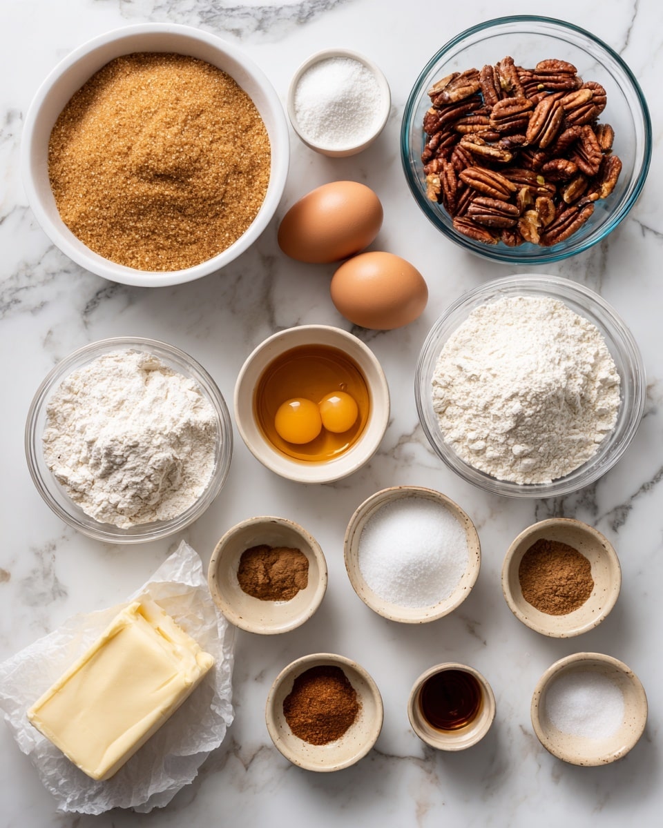 The image shows various ingredients placed on a white marbled surface, organized in groups with labels in black and white text. On the top left, a white bowl filled with light brown sugar is next to a clear glass bowl containing dark brown pecans. Below them, smaller clear bowls hold white flour and an amber-colored maple syrup. A small white bowl with two brown eggs is placed near the flour. Small beige bowls containing white salt and brown cinnamon powder, white baking powder, and a small glass bowl with vanilla extract are arranged near the bottom left. There is also a stick of butter wrapped in paper at the bottom left. The lower section of the image shows more ingredients labeled as glaze ingredients, including a white bowl filled with powdered sugar, small beige bowls with salt and cinnamon, vanilla, a piece of butter, and a bowl of maple syrup, all on the same white marbled surface. The arrangement is bright and neat. Photo taken with an iphone --ar 4:5 --v 7