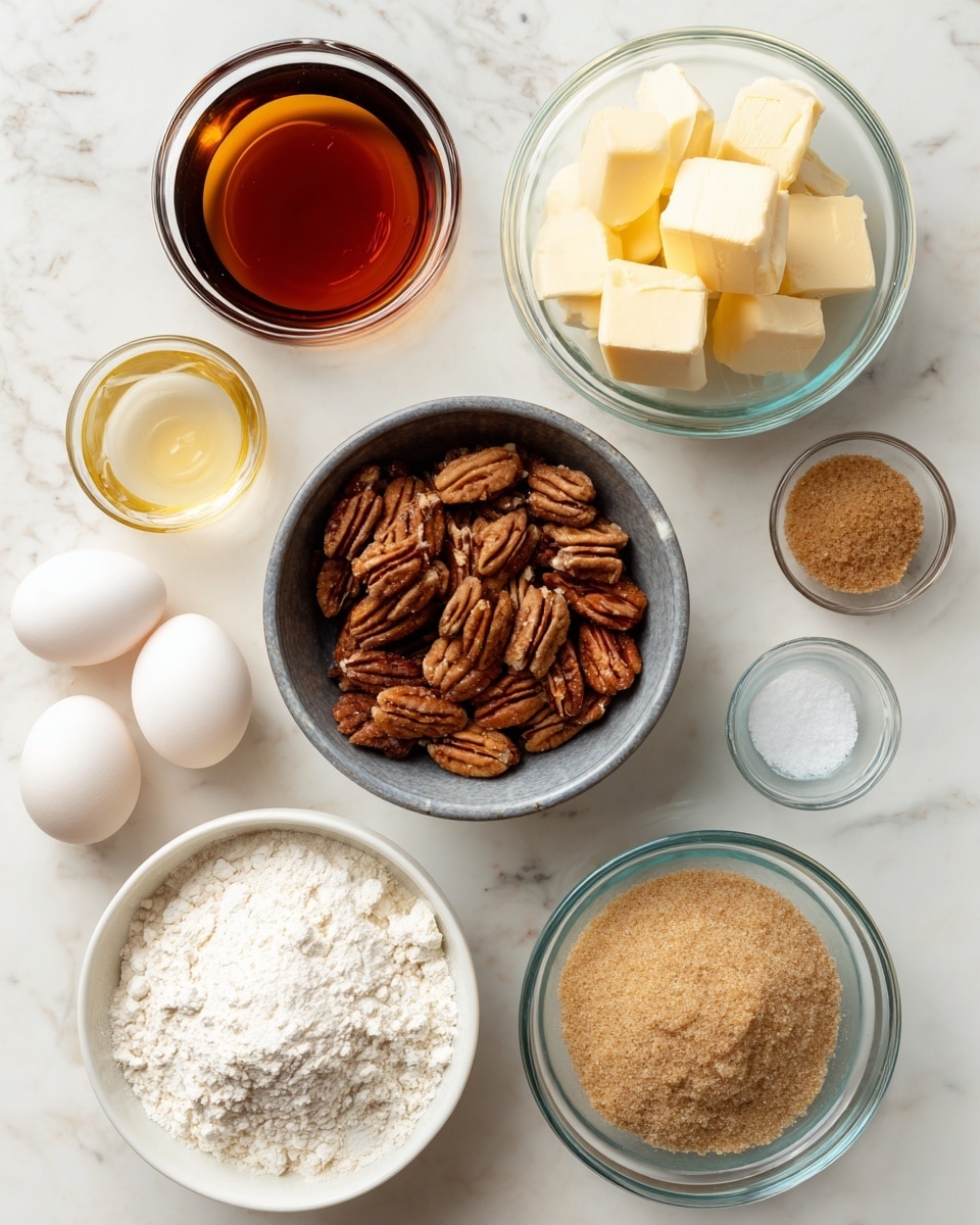 This image shows several clear glass bowls and a metal bowl arranged on a white marbled surface, each containing different baking ingredients. The metal bowl in the center holds light brown pecans with a rough texture. To the upper right, a small clear glass bowl contains pale yellow cubes of butter. Below it, another clear bowl holds light brown sugar with a crumbly texture. To the upper left, a small glass cup has dark amber maple syrup with a smooth surface. Near the bottom left, a white bowl contains white flour with a fine powder texture. Two whole eggs, one white and one light brown, are placed between the flour and the vanilla extract, shown as a small glass cup with clear liquid and a light yellow tint. To the right of the vanilla is an empty small clear bowl labeled salt. Each item is neatly spaced on the white marbled surface in a flat lay style. Photo taken with an iphone --ar 4:5 --v 7