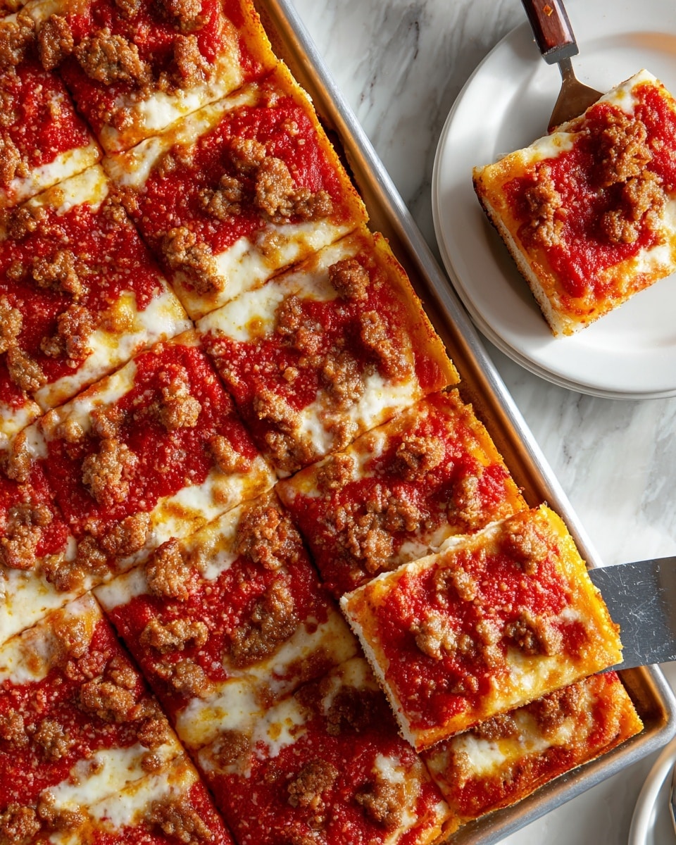 A rectangular tray holds a square pizza cut into 15 pieces, with one piece being lifted by a spatula showing a thick, even crust. The pizza has three layers: a thin, golden-brown crust at the bottom, a bright red tomato sauce spread evenly over it in the middle, and a top layer of melted white cheese mixed with small brown meat pieces scattered all over. The cheese looks slightly browned in spots, and the meat appears cooked with a crumbly texture. The tray is placed on a white marbled surface, and a white plate with one pizza piece sits partly visible on the right side. Photo taken with an iphone --ar 4:5 --v 7