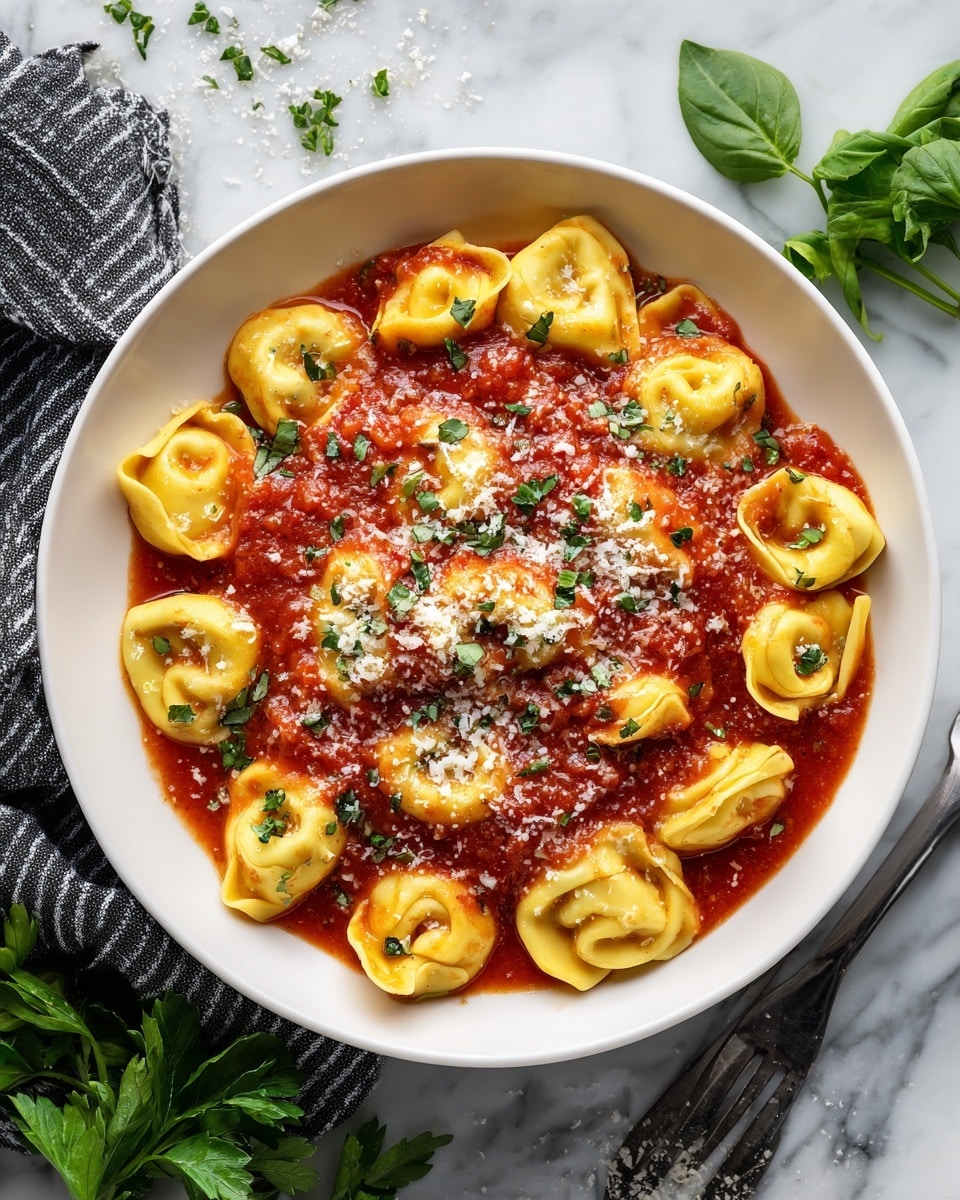 A white bowl filled with red marinara sauce topped with small green herb pieces is set in the middle of a large white plate. Around the bowl, there is one layer of golden baked tortellini pasta sprinkled with grated white cheese and small green herb bits. The white plate is placed on a white marbled surface with some green herbs and a striped black and white cloth nearby. Photo taken with an iphone --ar 4:5 --v 7