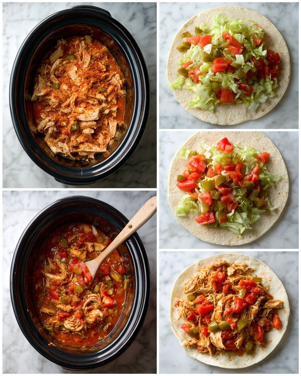The image shows six steps of a slow cooker chicken taco recipe on a white marbled surface. Step 1 has raw chicken pieces arranged in a single layer at the bottom of a black slow cooker, covered evenly with a coarse, orange-brown seasoning mix. Step 2 shows the same chicken now topped generously with chunks of red tomatoes and chopped green pickles scattered all over. Step 3 reveals the cooked chicken partially covered by a thick, reddish sauce with visible tomato pieces and bits of green pickles floating on top. Step 4 depicts the chicken shredded with two forks inside the slow cooker, with the chicken pieces mixed well into the sauce and tomatoes. Step 5 shows the shredded chicken fully combined with the sauce, revealing an even orange color with small bits of tomatoes and pickles throughout, stirred with a wooden spoon. Step 6 presents a soft white tortilla on the white marbled surface, filled with shredded chicken, shredded light green lettuce, diced red tomatoes, and small bits of green pickles, ready to be wrapped. photo taken with an iphone --ar 4:5 --v 7