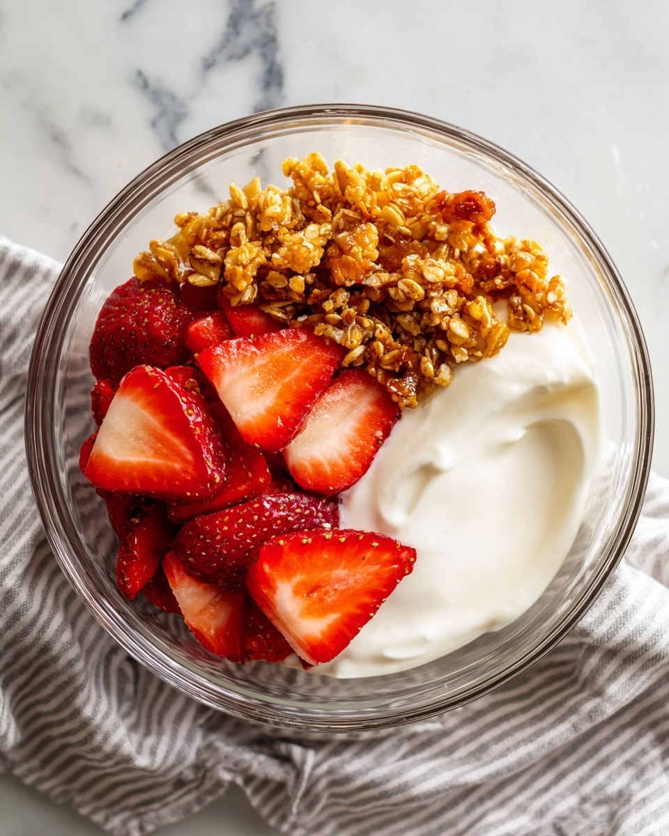 The image shows a clear glass bowl with three main layers inside. On the bottom right is a thick, white creamy layer with a smooth yet slightly textured surface. On the upper right and top left sides, there are fresh, bright red strawberry slices with some white flesh showing and a shiny, juicy texture. On the left half, there is a layer of crunchy, golden brown candied pecans with a sticky, glistening coating, adding a rough and uneven texture. The bowl is placed on a white marbled surface with a light gray and white striped cloth partially visible underneath. Photo taken with an iphone --ar 4:5 --v 7