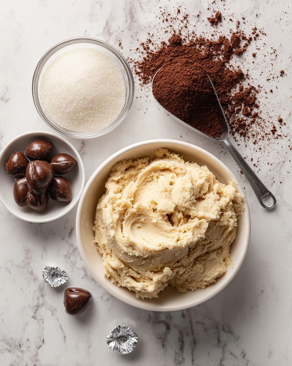 The image shows four items arranged on a white marbled surface: in the middle bottom is a large white bowl filled with creamy light beige sugar cookie dough with a smooth, thick texture; above it to the left is a smaller white bowl filled with fine white coarse sanding sugar; next to that, in the top middle is a small clear glass bowl holding shiny, dark brown Hershey's Kisses chocolates; on the right side above the dough bowl is a metal scoop filled with dark brown cocoa powder, slightly spilling on the marbled surface. Scattered around are a few loose Hershey's Kisses wrapped in silver foil. photo taken with an iphone --ar 4:5 --v 7