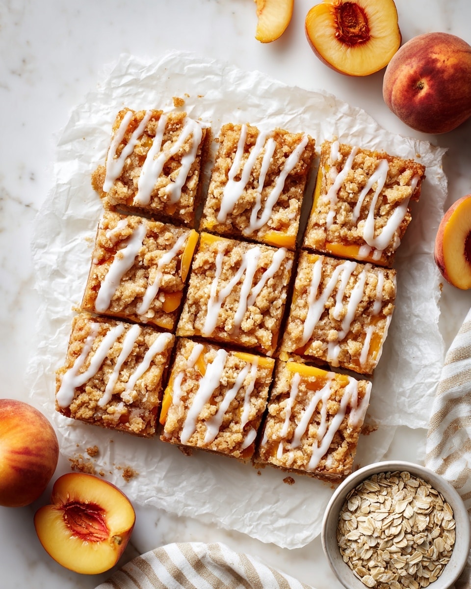 A square peach oat bar dessert is cut into nine even pieces, showing three layers: the bottom crust in a light golden brown, a middle peach layer barely visible, and a crumbly oat topping with a similar golden color. White icing is drizzled in thin lines diagonally across the top, adding a contrast to the warm tones. The dessert is placed on crumpled white parchment paper which lies on a white marbled surface. Around the dessert, there are fresh peaches, one sliced showing its yellow and orange flesh, and a small white bowl filled with rolled oats. A white and light beige striped cloth is partially visible at the bottom right corner. photo taken with an iphone --ar 4:5 --v 7