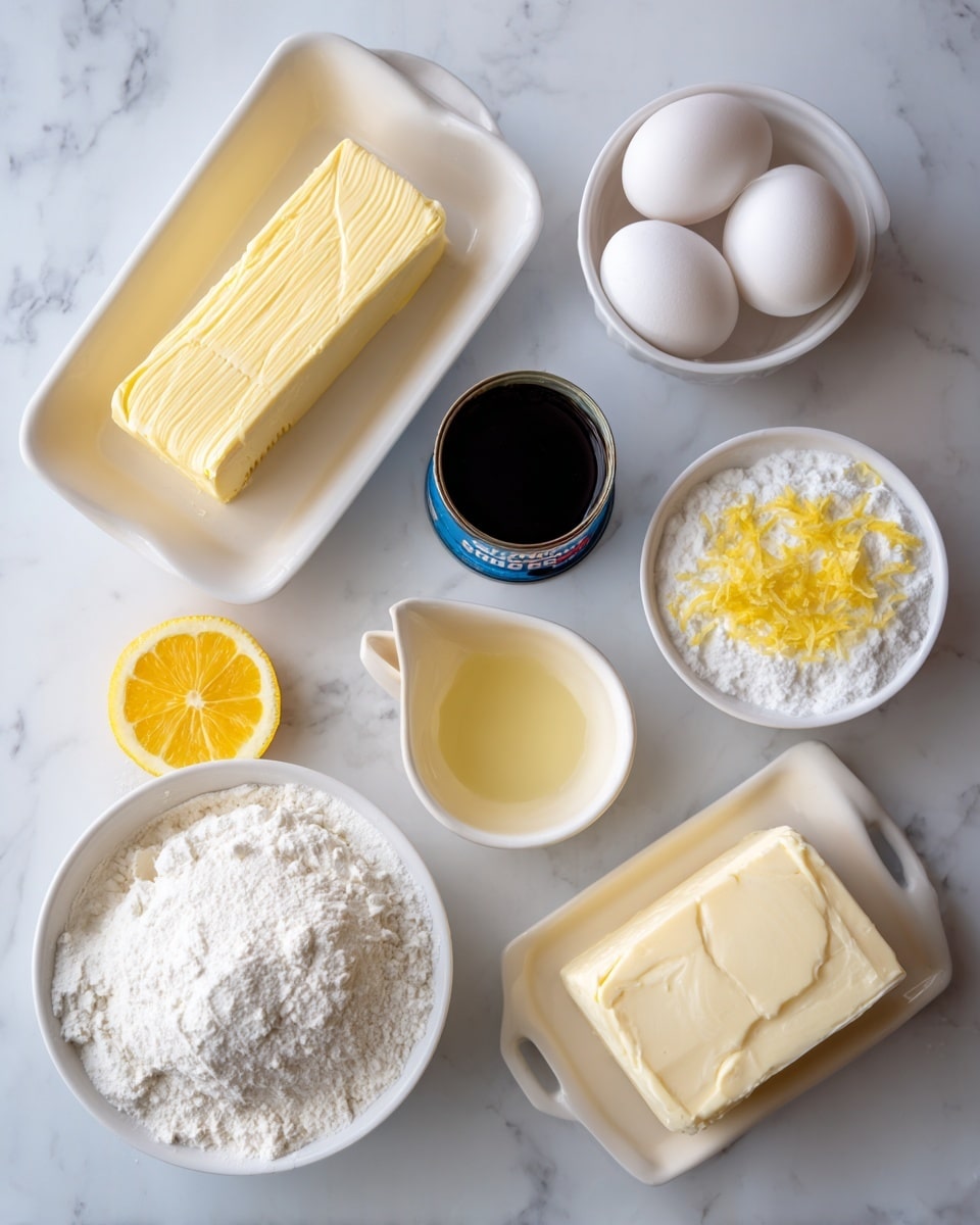 The image shows various baking ingredients arranged on a white marbled surface. From top left, a white rectangular dish holds a stick of butter with text on the dish. Next to it is a small dark bottle of vanilla extract. To the right, a small white bowl contains three whole white eggs. Below the butter is a half lemon slice showing bright yellow and orange tones. In the middle is a can with a blue label showing blueberry pie filling. To the right, a white measuring cup holds a pale yellow liquid. Below the lemon, a small white dish has yellow lemon zest. In the center bottom, a white bowl is filled with fine white flour. To its right is a block of cream cheese with a smooth texture. The scene is simple, clean, and bright with a neat arrangement of ingredients photo taken with an iphone --ar 4:5 --v 7