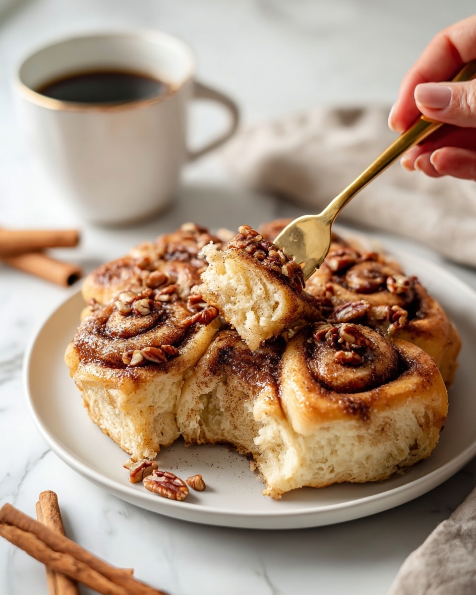 A white plate holds a large cinnamon roll with three visible layers of soft, light golden dough coated in cinnamon sugar, with pecan nuts scattered on top and inside the swirls. A woman's hand with a gold fork is pulling apart a piece, showing the fluffy texture inside. In the background, there is a white cup filled with dark coffee and a few cinnamon sticks resting on a white marbled surface. photo taken with an iphone --ar 4:5 --v 7