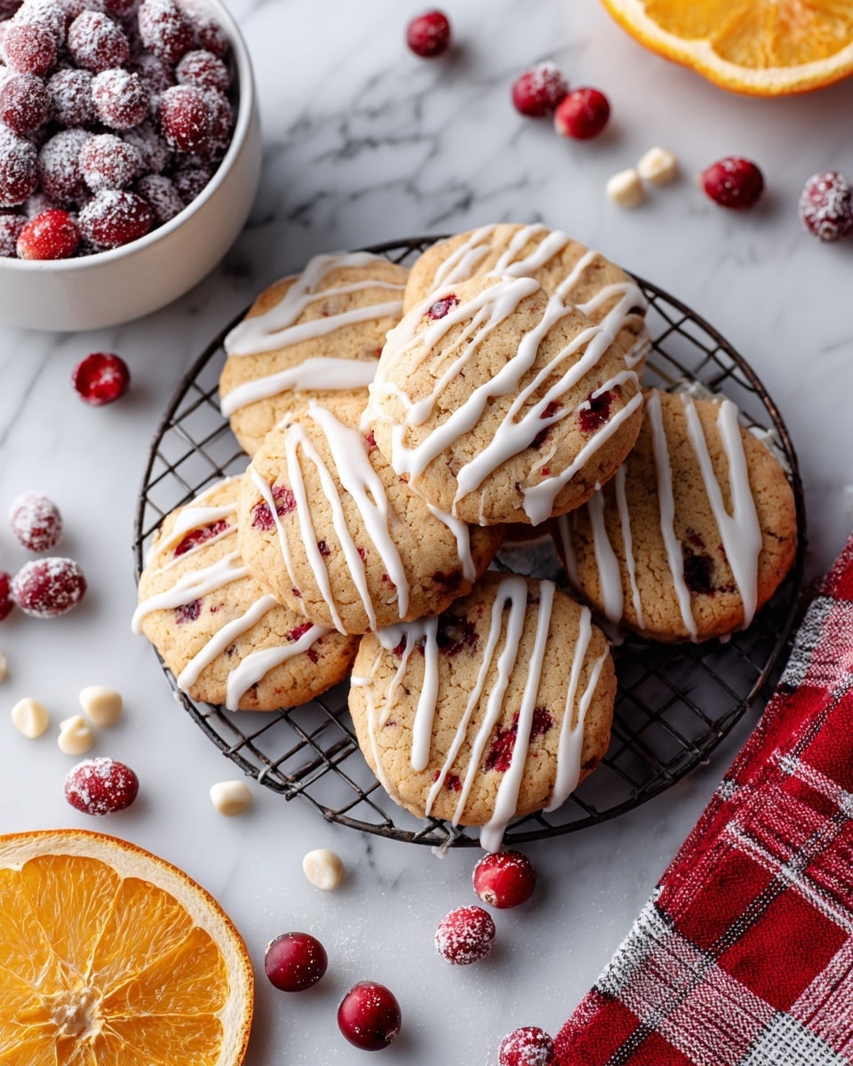 The image shows a pile of round cookies with light tan color and bits of red cranberries inside, stacked on a cooling rack over a white marbled surface. The cookies are decorated with white icing drizzled in diagonal stripes across the top. To the left, there is a white bowl filled with sugar-coated red cranberries, and on the right, a dried orange slice rests on the white marbled surface with a few dried cranberries and white chocolate chips scattered nearby. A red and white checkered cloth is partially visible in the bottom right corner. photo taken with an iphone --ar 4:5 --v 7