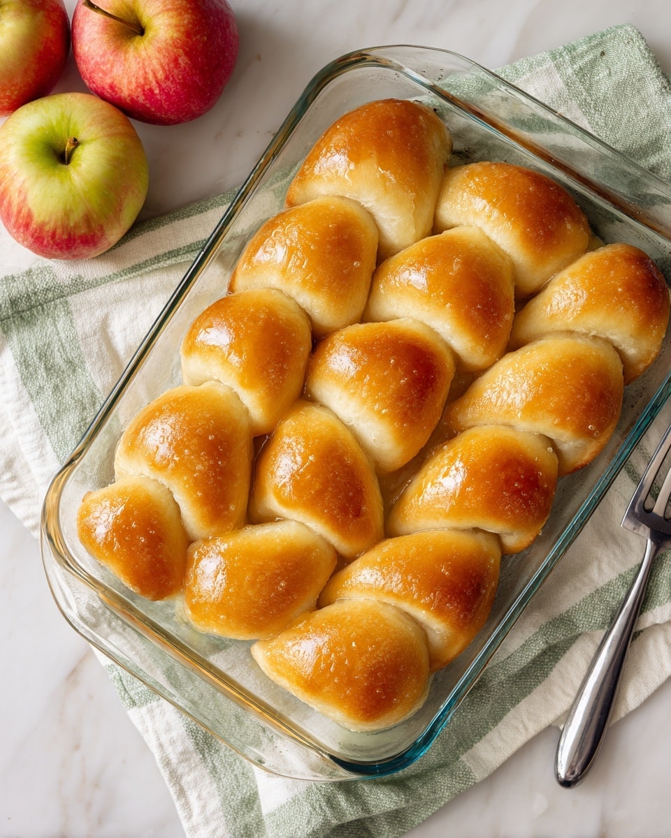 The image shows a clear glass baking dish filled with 12 golden brown crescent rolls arranged closely in four rows of three. The crescent rolls have a shiny, slightly crispy texture with a light glaze on top. The dish rests on a white and green striped cloth, and to the left side, there are two whole apples with red and yellow coloring. A silver spatula is also placed next to the dish on a white marbled surface. photo taken with an iphone --ar 4:5 --v 7