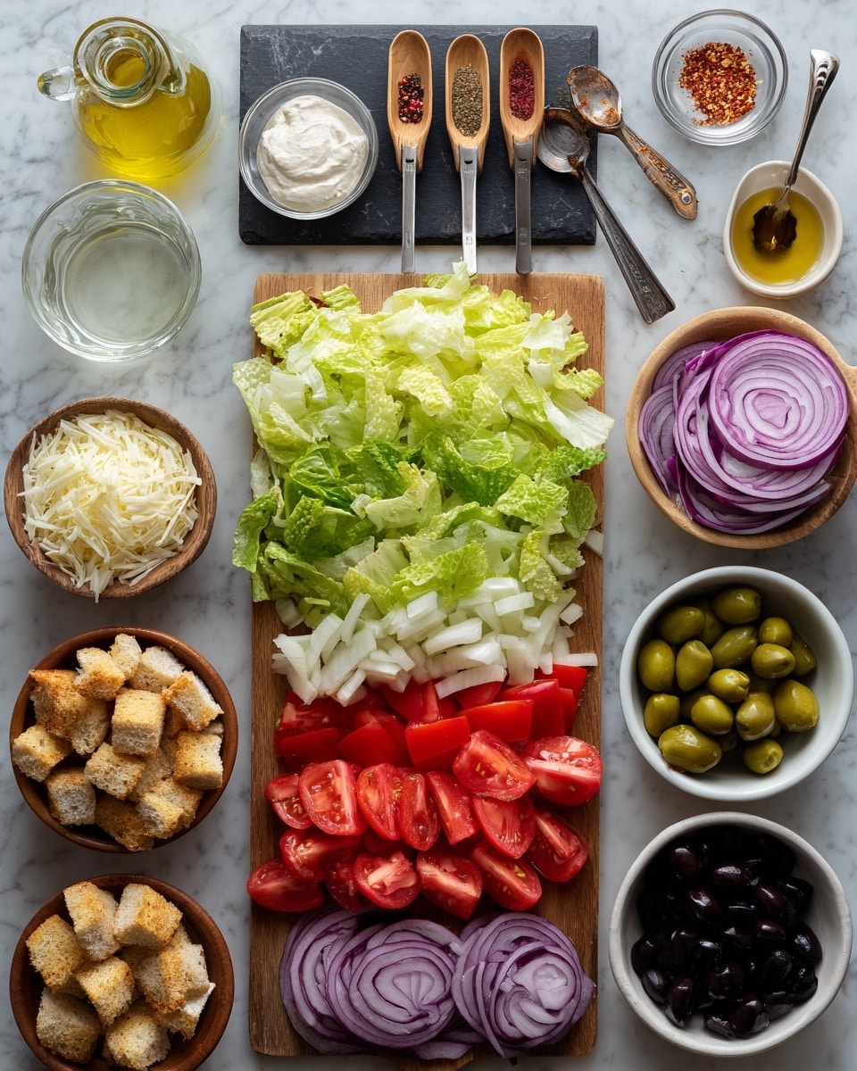 The image shows many fresh salad ingredients arranged neatly on a white marbled surface. At the center, a wooden board holds layers of chopped iceberg lettuce in green shades, sliced bright red Roma tomatoes stacked in two rows, and thinly sliced purple-red rings and half-moons of red onion. Above the board, a small black slate plate displays wooden and metal measuring spoons filled with white salt, black pepper, granulated sugar, and crushed red pepper flakes, along with a small white bowl of creamy mayonnaise. To the left of the slate, a clear glass container holds golden olive oil, and another glass container has clear white wine vinegar, both placed on the marble. Below the chopping board, a wooden bowl is full of golden brown croutons, a small white bowl holds light green pepperoncini peppers, and another white bowl contains shiny black olives. To the right side, two small bowls hold minced garlic and yellow lemon juice. On the left corner, shredded parmesan cheese sits on a small wooden board. The photo taken with an iphone --ar 4:5 --v 7