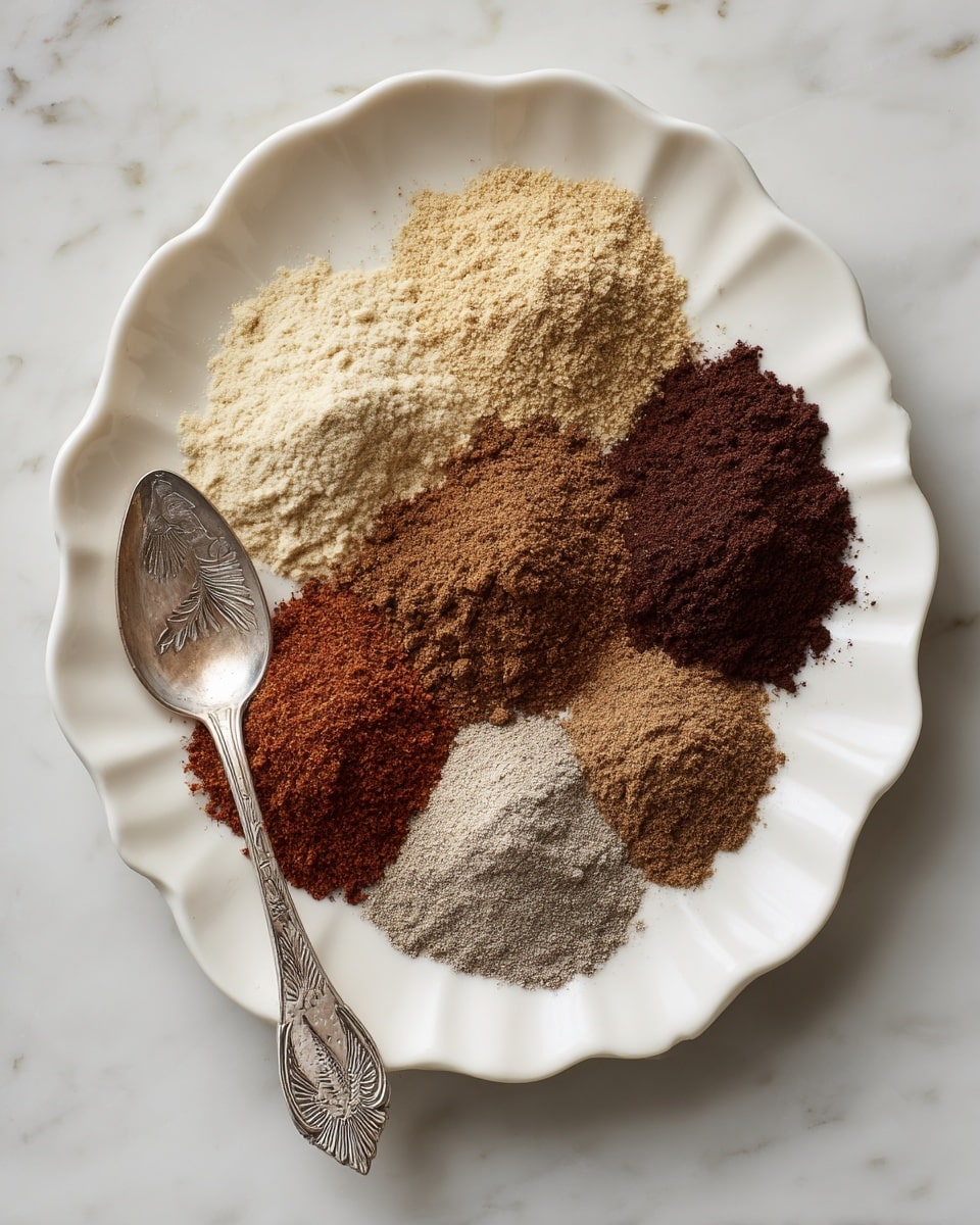 A white scalloped plate holds six piles of ground spices arranged in a roughly circular pattern, each with a different color and texture. Starting from the top left, there is a light beige, sandy-textured powder, next to it on the top right is a fine, dark reddish-brown powder. Below that to the right is a coarser, dark brown mound with a slightly clumpy texture. In the center is a medium brown, finely ground pile, while at the bottom left is a bright reddish-brown powder that looks very smooth. The final pile at the bottom right is a muted grayish-beige with a grainy texture. A small, ornate silver spoon with an embossed bird sits on the left side of the plate. The whole setup is on a white marbled surface. photo taken with an iphone --ar 4:5 --v 7