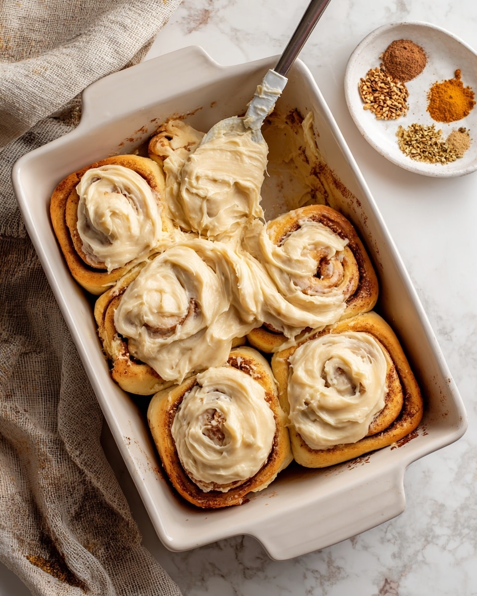 The image shows a white rectangular baking dish filled with six cinnamon rolls, arranged in two rows, four on the bottom and two on top. The cinnamon rolls have a golden-brown swirl with a visible cinnamon filling. A thick layer of creamy, light beige frosting is being spread over the cinnamon rolls with a spatula, leaving some of the rolls partly covered and some fully covered. The dish is set on a surface with a white marbled texture, and a beige and gray cloth is partially visible in the background. Nearby, a small white plate holds various brown and golden spices. Photo taken with an iphone --ar 4:5 --v 7