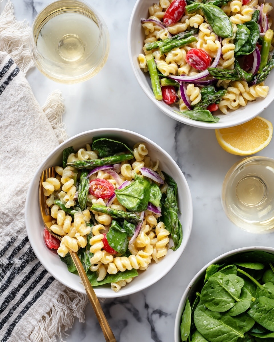 Two white bowls filled with pasta salad sit on a white marbled surface. Each bowl has three layers: the bottom layer is curly pasta in a pale yellow color, the middle layer is mixed vegetables including green leafy spinach, red cherry tomatoes, purple onion slices, and green asparagus, while the top layer is lightly coated with a creamy dressing. One bowl contains a gold-colored spoon resting inside. Near one bowl is another white bowl filled with fresh green spinach leaves, and to the left of this is a squeezed lemon half. A clear glass of white wine and a white fringed cloth with black stripes are also on the marbled surface. photo taken with an iphone --ar 4:5 --v 7