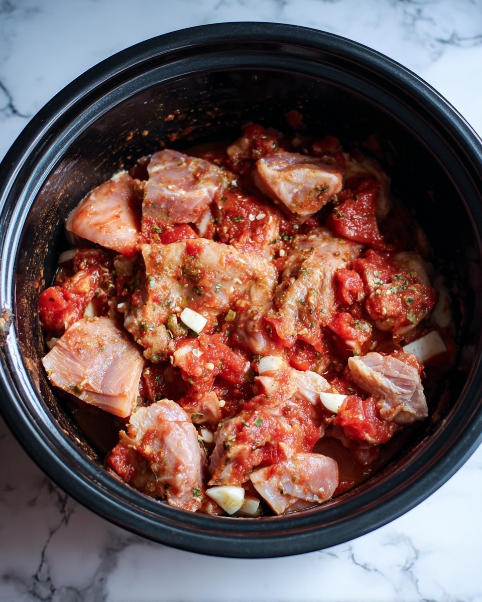 The image shows a black pot filled with layers of raw pale pink chicken pieces mixed with a reddish sauce that contains chunks of bright red tomatoes and visible greenish herbs sprinkled throughout. The chicken pieces vary in size and shape, and they are covered unevenly by the sauce, which looks wet and slightly shiny. Small bits of garlic or similar white ingredients are mixed in, adding a light contrast to the overall red and pink tones. The pot's interior is dark, giving a strong contrast to the colorful food inside, placed on a white marbled surface. photo taken with an iphone --ar 4:5 --v 7