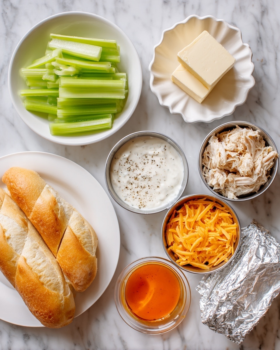 The image shows an arrangement of ingredients on a white marbled surface. There is a white plate with several thick slices of a golden brown baguette bread positioned at the bottom left. Above the bread, a small white bowl filled with fresh bright green celery sticks is placed. To the right of the celery, two small metal tins contain light beige shredded chicken. Near the top center right, a small white scalloped dish holds two rectangular pieces of pale yellow butter. Below the butter, a white bowl contains creamy white ranch dressing with black pepper specks. Next to the ranch, a transparent small bowl holds bright orange buffalo sauce. At the bottom right, an opened silver foil wrapper reveals a white block of cream cheese. Just above the cream cheese, a white bowl contains shredded orange cheddar cheese. The whole setup is clean and spaced evenly, photo taken with an iphone --ar 4:5 --v 7