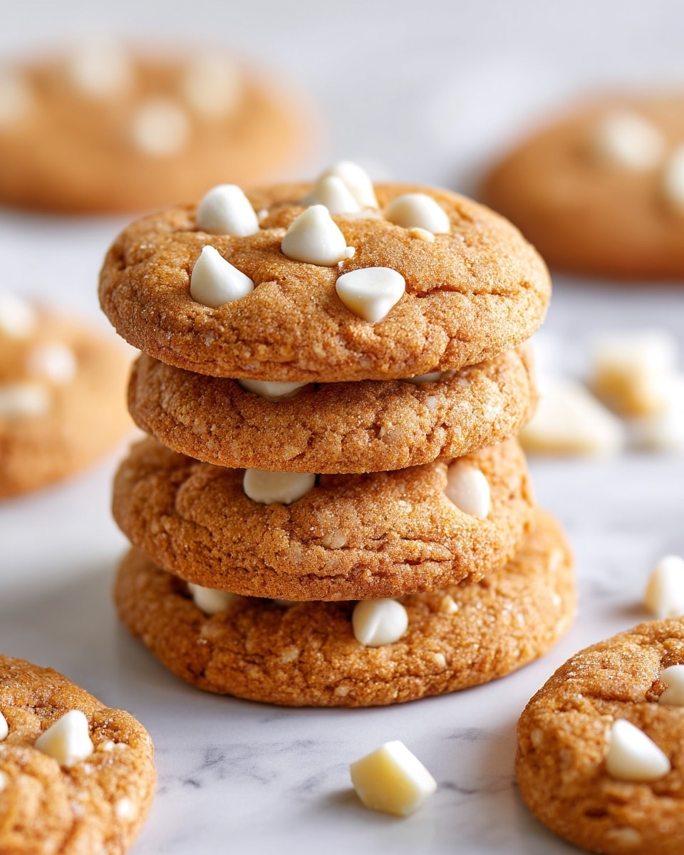 A stack of four light golden brown cookies with a slightly rough texture is placed on a white marbled surface, each cookie dotted with smooth white chips on top. Around the stack, there are more cookies lying flat, showing their soft, crumbly texture and scattered white chips. The lighting highlights the warm tones and the soft edges of the cookies, giving them a fresh, baked look. In the background, a few small white pieces are scattered, adding depth to the scene. photo taken with an iphone --ar 4:5 --v 7