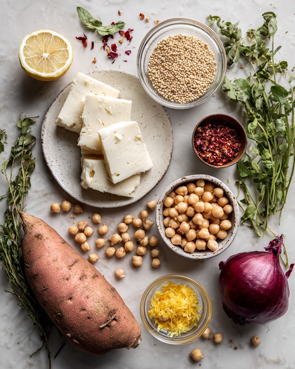 The image shows various fresh ingredients arranged on a white marbled surface. On the left, there is a white plate with thick, uneven white slices of cheese layered overlapping. Near the top right, a round transparent bowl holds small, light beige grains. Below it, a small round metal bowl contains red chili flakes. To the right side, there is a whole deep purple onion with a rough outer skin. On the bottom left, a large sweet potato with a rough, light reddish-brown skin is placed diagonally. Below and to the center, a clear glass bowl filled with round beige chickpeas is visible. Towards the bottom right, a small white bowl contains finely grated bright yellow zest. Surrounding these items are sprigs of fresh green herbs, a half lemon, and a long dark green cucumber. The ingredients are lit evenly, showing their natural colors and textures beautifully. Photo taken with an iphone --ar 4:5 --v 7
