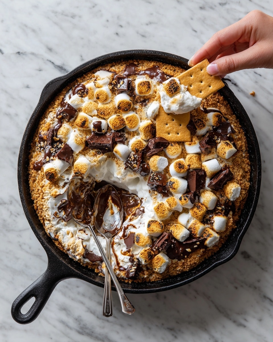 The image shows a black cast iron skillet filled with a thick, round s'mores dessert. The top layer is golden brown with toasted marshmallows and melted dark chocolate chunks scattered across the surface. A few pieces of the dessert are missing, revealing a gooey, white melted marshmallow and chocolate layer inside. There are two metal spoons inserted in the skillet, and a woman's hand is holding a toasted graham cracker near one of the missing pieces, ready to scoop or dip. The skillet is placed on a white marbled surface photo taken with an iphone --ar 4:5 --v 7