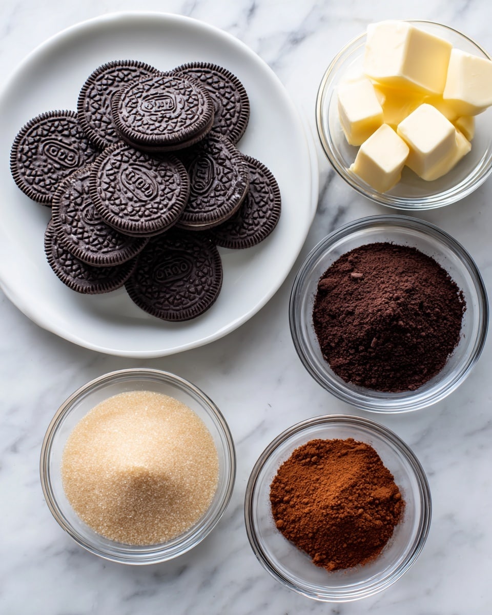 A white plate near the top left corner holds a pile of round chocolate sandwich cookies with dark, detailed embossed tops, stacked loosely. To the right of the plate are four clear glass bowls arranged in a rough square: the top right bowl contains dark brown cocoa powder with a small mound, below it a bowl has chunks of pale yellow butter, below the large plate a bowl filled with light brown sugar with a slightly textured surface, and to the right of the sugar bowl a smaller bowl contains reddish-brown cinnamon powder. All items are on a white marbled surface. photo taken with an iphone --ar 4:5 --v 7