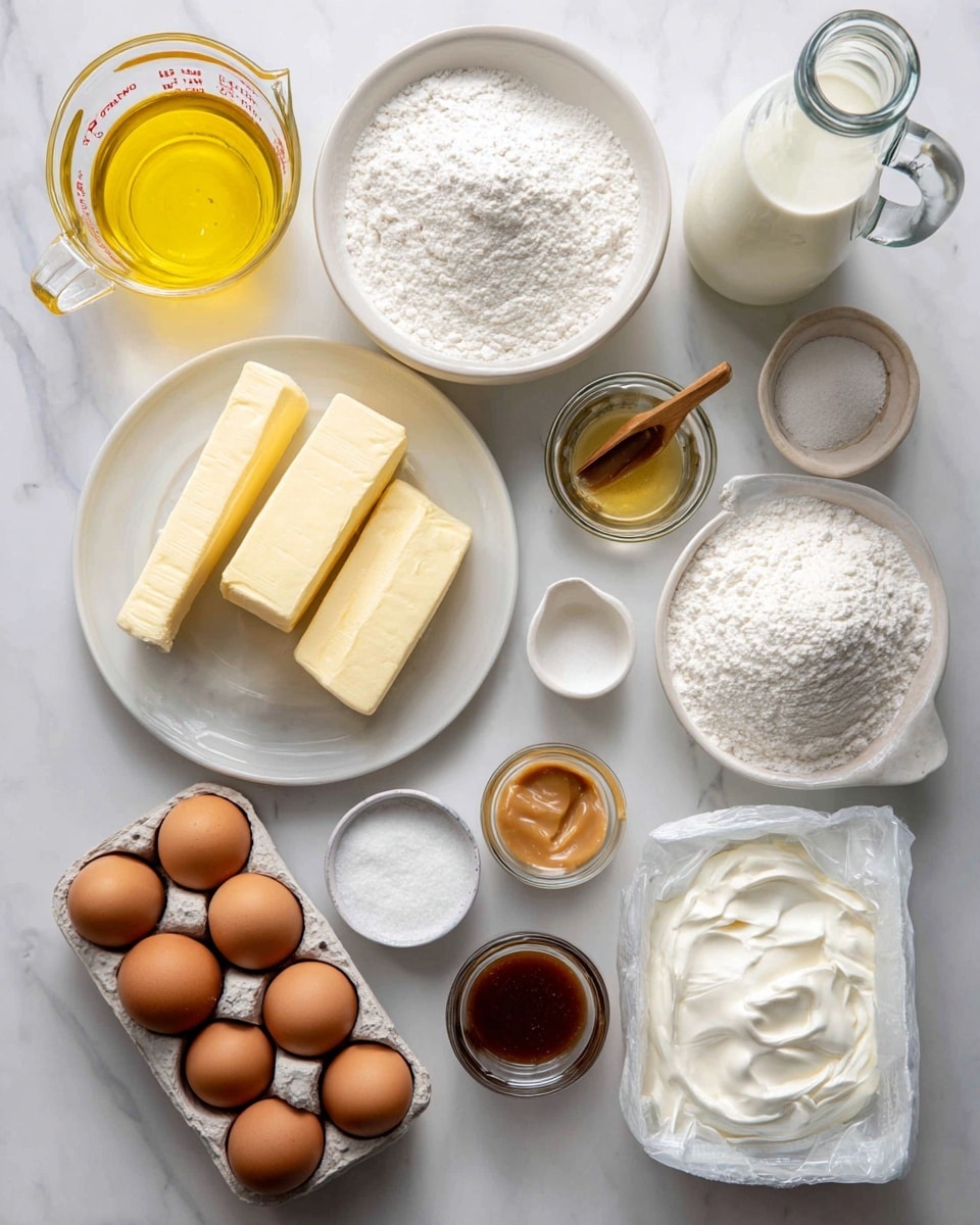 The image shows various baking ingredients arranged neatly on a white marbled surface. There is a glass measuring cup with yellow oil on the top left, and next to it a white bowl with powdered sugar and a small wooden scoop. A glass bottle with white milk sits above the sugar, with a small glass jar of heavy cream to the right. Below the cream is a white plate stacked with three thick slabs of butter. At the bottom left are 12 brown eggs in a white carton. Next to the eggs is a jar with salted caramel sauce. At the center bottom is a small white bowl with salt, and just above that a tiny glass container with vanilla extract. To the right, a white bowl holds sour cream, and a large white bag of cake mix is partially visible on the right edge. Each ingredient has labels with their amounts in bold black and white text. The photo taken with an iphone --ar 4:5 --v 7