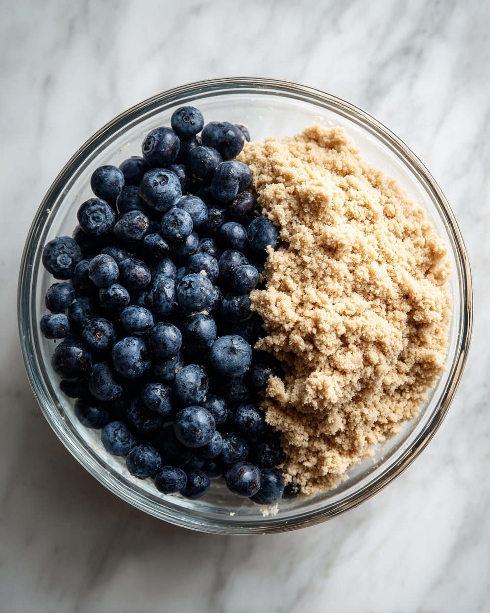 A transparent glass bowl on a white marbled surface contains two main parts: on one side, a light beige dough with a rough, slightly crumbly texture, and on the other side, a pile of fresh, dark blue blueberries with a smooth, shiny surface. The blueberries are stacked neatly against the dough, creating a clear separation between the two elements. Photo taken with an iphone --ar 4:5 --v 7