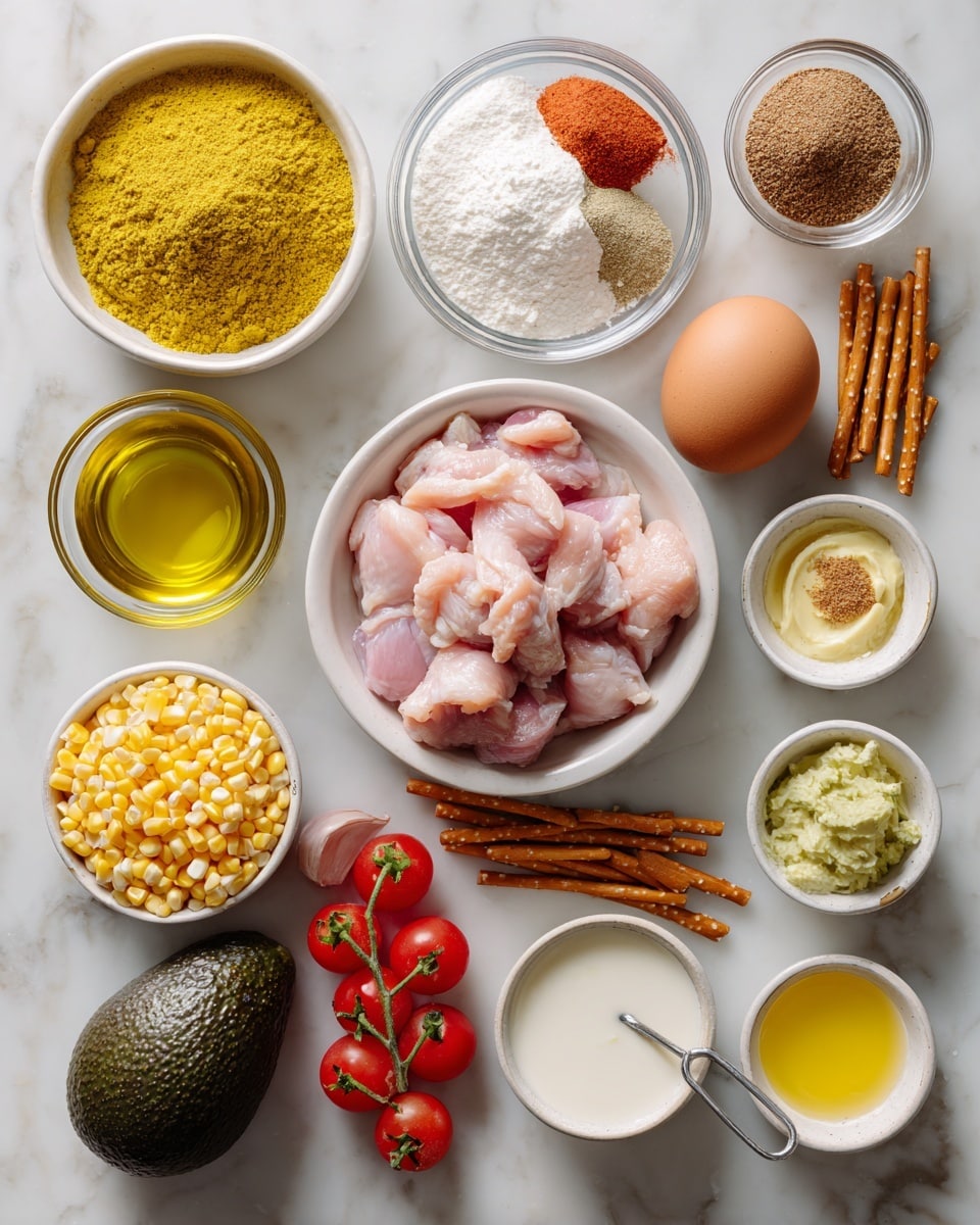 A flat lay image shows various ingredients arranged neatly on a white marbled surface. At the center, there is a white bowl filled with light pink raw chicken pieces. Surrounding it are small clear glass bowls and white bowls with other ingredients: white tapioca starch at top, bright yellow turmeric powder to the left, a brown and white salt/pepper mix above left, yellow olive oil in a bowl below right, and minced garlic in a white bowl to the right. An unpeeled brown egg is at the top center. A white bowl with small brown pretzel sticks is placed left of the chicken bowl, and just below it is a small metal measuring cup with yellow corn kernels. There is a whole dark green avocado at the bottom left. Near the bottom center, a small cluster of red cherry tomatoes with green stems rests next to a small glass bowl of creamy white Greek yogurt and a small clear bowl of pale yellow Dijon mustard. A small white bowl with light yellow avocado oil is placed top right. A golden brown honey in a small measuring cup with a handle sits just right of the chicken bowl. A packet of green and pink labeled cooked jasmine rice is placed at the bottom right corner. Photo taken with an iphone --ar 4:5 --v 7