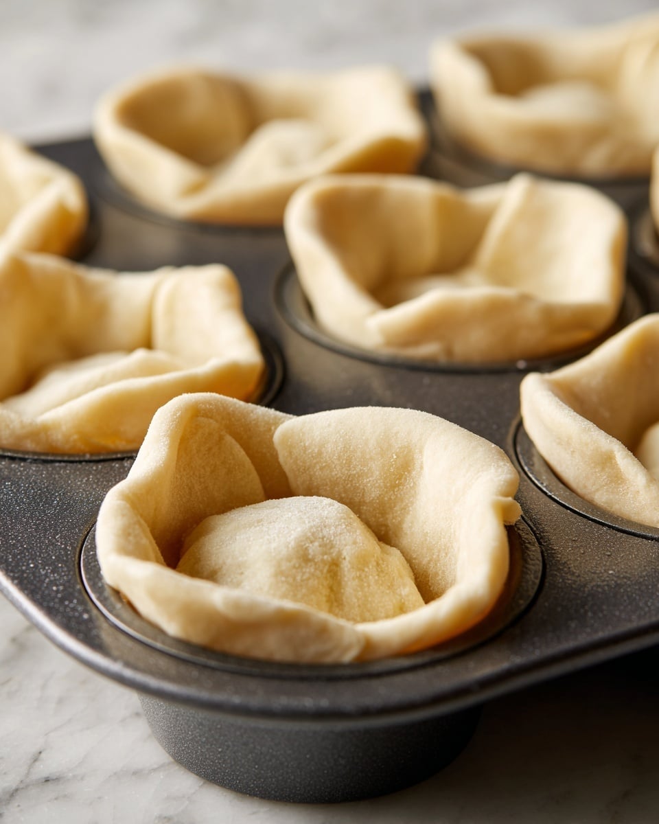 A close-up view of a dark metal muffin tin holding several unbaked pastry shells, each formed by light beige dough pressed into the round compartments with soft folds and uneven edges resting gently against the sides. The shells have a smooth, slightly translucent texture with a matte finish, showing thin areas where the dough is folded inward. The background is a white marbled surface. photo taken with an iphone --ar 4:5 --v 7