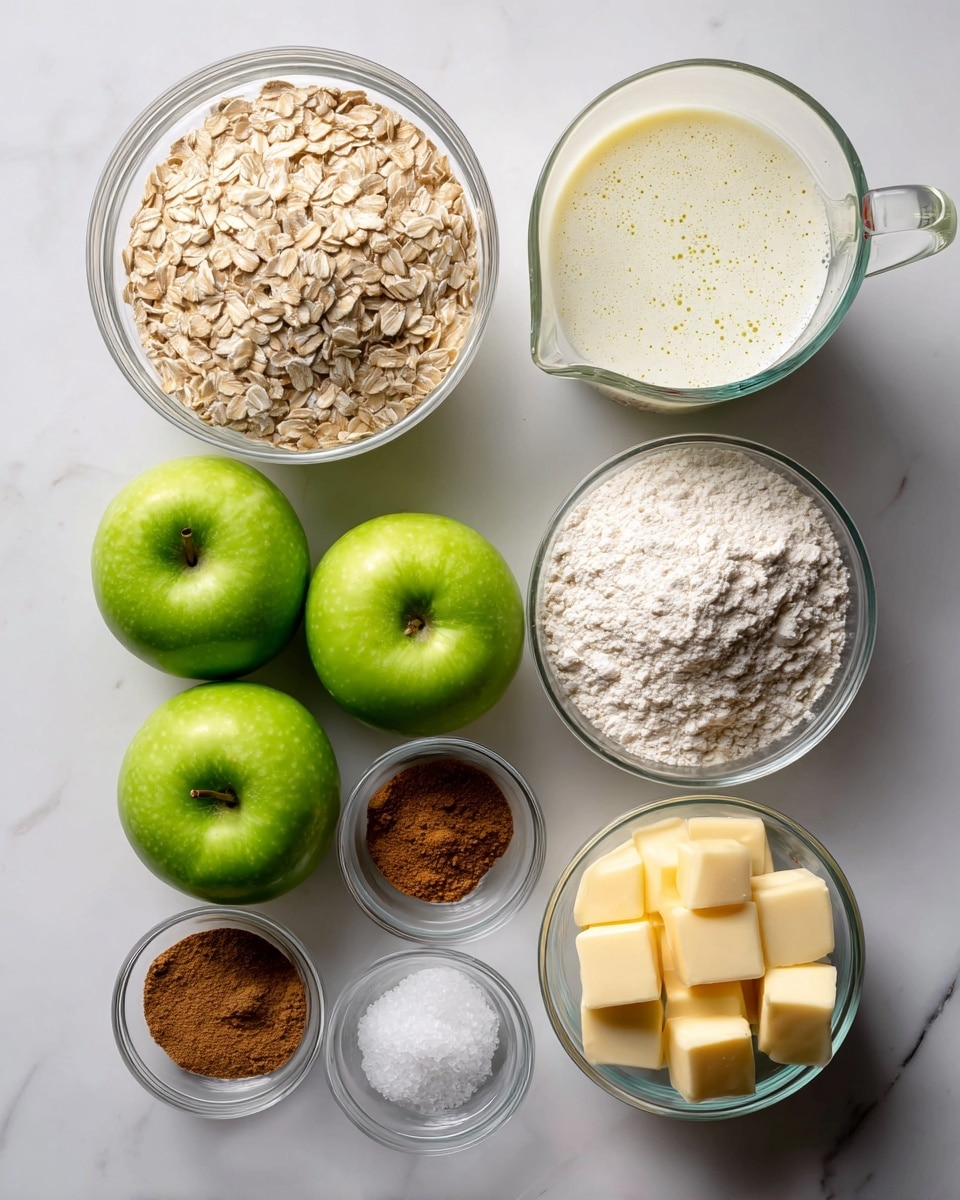 The image shows an overhead view of several clear glass bowls and three green apples arranged neatly on a white marbled surface. Starting from the top left, there's a clear glass bowl full of light beige rolled oats with a slightly rough texture. To its right, a glass measuring cup holds creamy, pale off-white heavy cream with small bubbles on the surface. Below the oats, a smaller clear glass bowl contains off-white all-purpose flour with a fine, powdery texture. Next to it, three bright, shiny green apples sit side by side with short brown stems. Below the apples and flour, from left to right, are three small clear dishes: one with a reddish-brown powder of cinnamon, one with light brown grated nutmeg in fine pieces, and the third, a larger round glass bowl filled with white granulated sugar with a crystalline texture. Finally, on the bottom right corner, another clear glass bowl holds several yellow cubes of butter with smooth, clean edges. The clean, bright lighting highlights the fresh colors and textures. Photo taken with an iphone --ar 4:5 --v 7