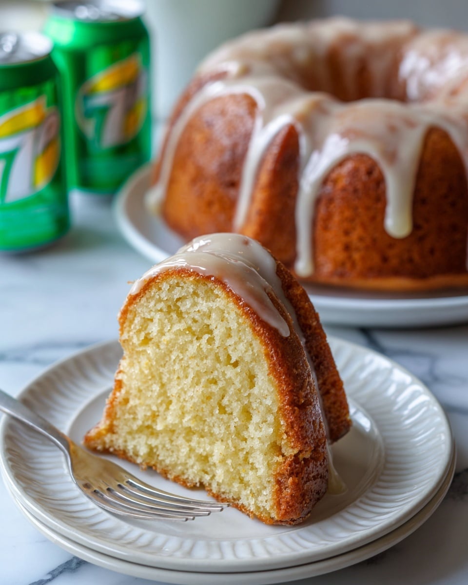 A close-up of a single slice of golden brown bundt cake with a light glaze drizzled on the top, showing a soft, moist, and fine crumb texture inside. It sits on a white plate with a subtle groove pattern, a fork on the plate near the slice. In the background, the full bundt cake with the same glaze is on a white plate, and two green soda cans with the 7up logo are partly visible. The scene is on a white marbled surface. photo taken with an iphone --ar 4:5 --v 7