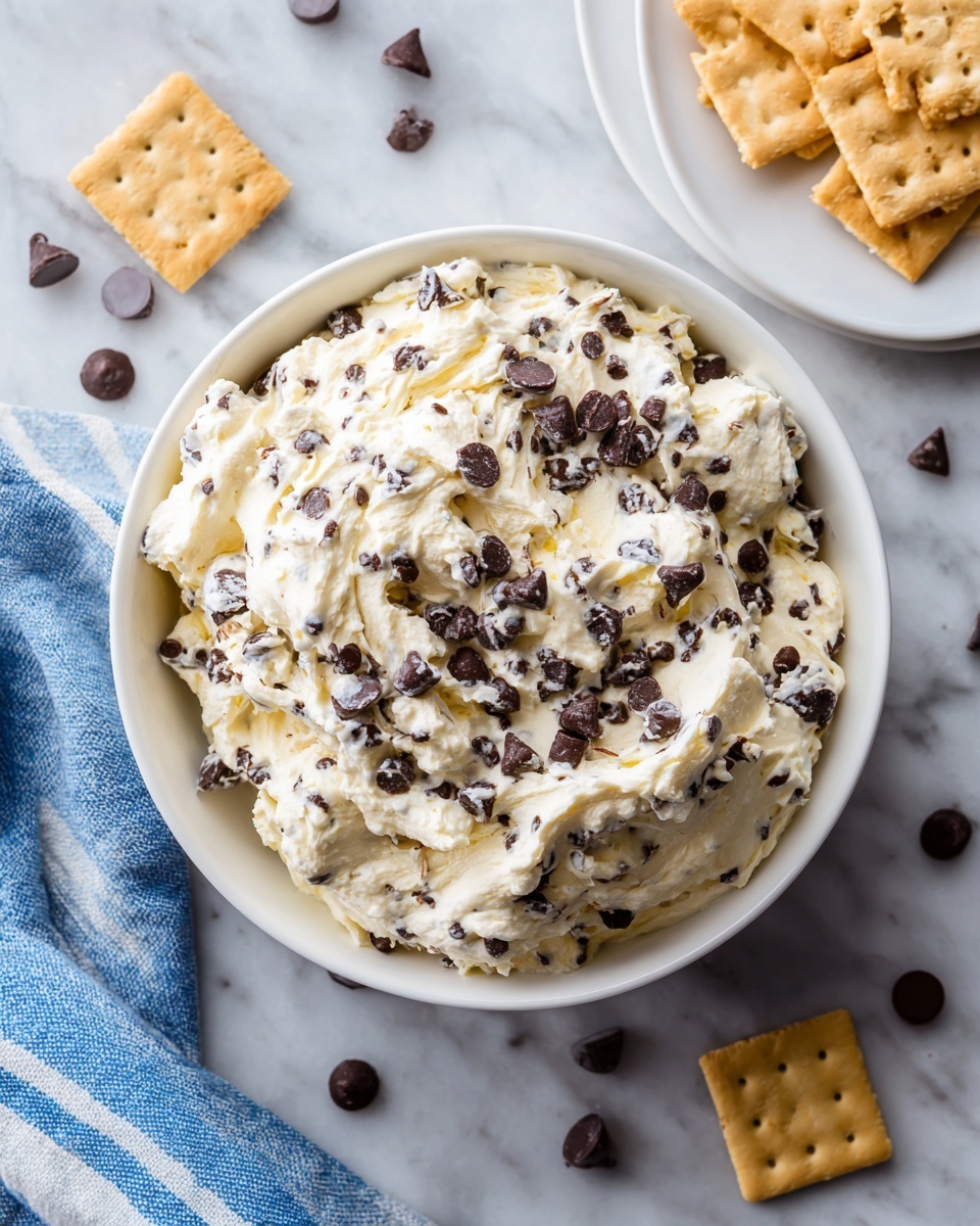 A white bowl filled with a creamy, chunky mixture made of white and light yellow cream with many small dark chocolate chips mixed throughout, placed on a white marbled surface. Scattered chocolate chips are spread around the bowl on the surface. To the right, there is a white plate holding light brown square crackers. A blue and white striped cloth is partially visible next to the bowl. Photo taken with an iphone --ar 4:5 --v 7