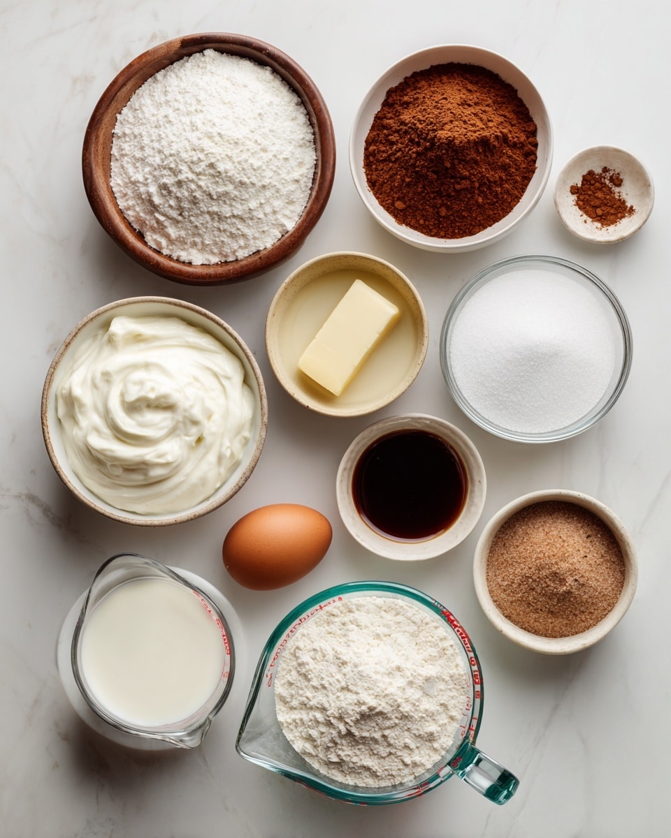 The image shows a neat arrangement of baking ingredients on a white marbled surface. There are 12 separate containers and one egg placed in a scattered but organized way. At the top left, a small wooden bowl holds white baking powder, next to it on the right is a small white bowl with brown cinnamon powder, and further right a clear glass bowl filled with melted butter. Below the baking powder is a single brown egg, and right of it is a small tan-colored bowl containing white salt. Below salt, a small white bowl has brown nutmeg powder. To the left of nutmeg is a clear glass bowl filled with thick white sour cream. Under the sour cream is a small white bowl holding dark brown vanilla extract. To the right of vanilla, there is a medium white bowl filled with white granulated sugar. Below salt and nutmeg, there is a small wooden bowl containing light brown sugar. At the bottom left, a medium white bowl holds white flour. On the bottom right side is a clear measuring cup filled with white milk, the cup has a green handle and measurements marked in red. The overall look is clean and simple, with a focus on the texture and color of each ingredient. Photo taken with an iphone --ar 4:5 --v 7