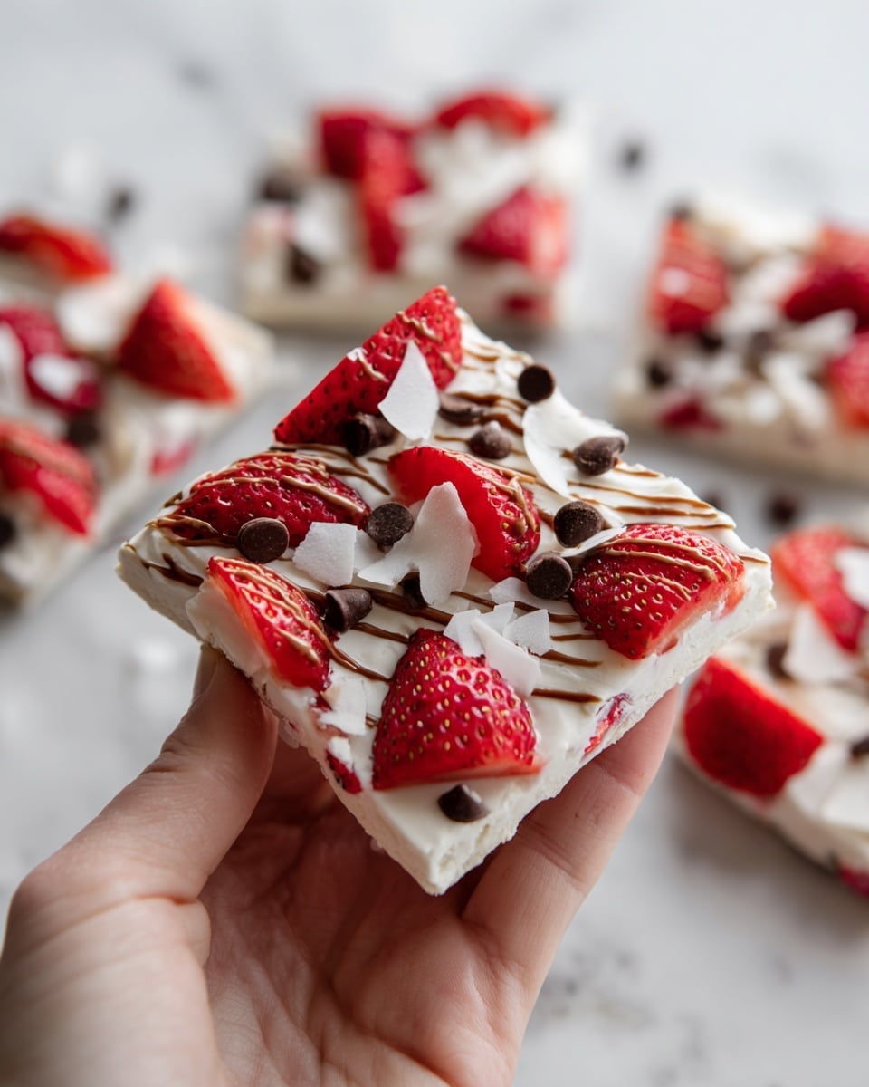 The image shows a close-up of a piece of frozen yogurt bark held by a woman's hand against a white marbled surface with more pieces scattered in the background. The bark has a smooth white base layer, topped with bright red strawberry slices, small dark chocolate chips, and a light brown drizzle evenly spread across the surface. There are also tiny white shreds sprinkled on top, adding texture and contrast. The overall look is bright, fresh, and slightly glossy. photo taken with an iphone --ar 4:5 --v 7