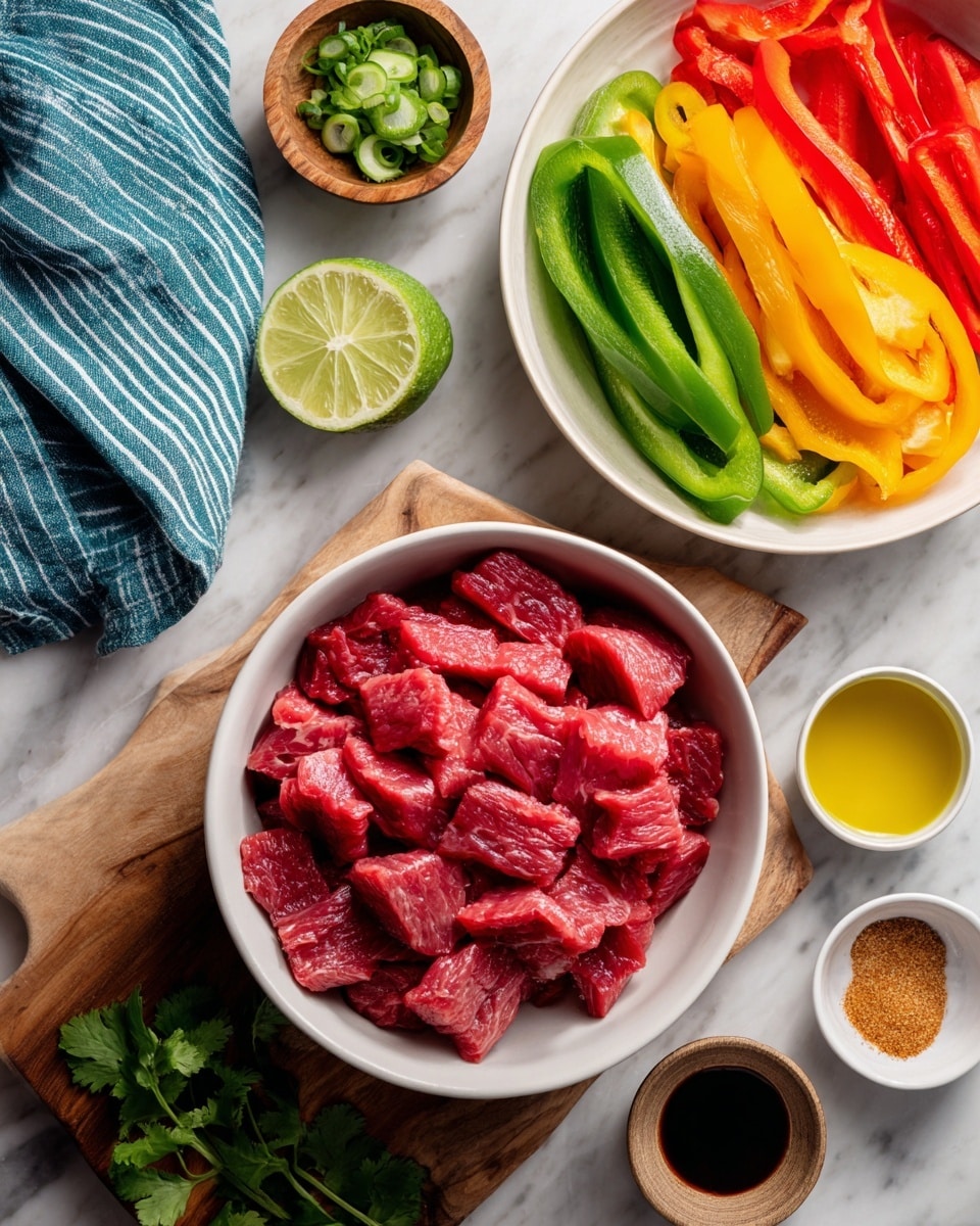 The image shows a white bowl full of red sliced raw beef placed on a wooden board. Above this bowl, there is another white bowl filled with long slices of green, red, and yellow bell peppers arranged side by side. To the left of the beef bowl, there are two halves of a light green lime and a small wooden bowl with green cilantro leaves. Surrounding these are small white bowls holding green sliced onions, yellow oil, brown seasoning powder, a red spice, and a dark liquid, all on a white marbled surface. A blue and white striped cloth is placed on the left side. A green cilantro leaf lies next to the wooden board. photo taken with an iphone --ar 4:5 --v 7