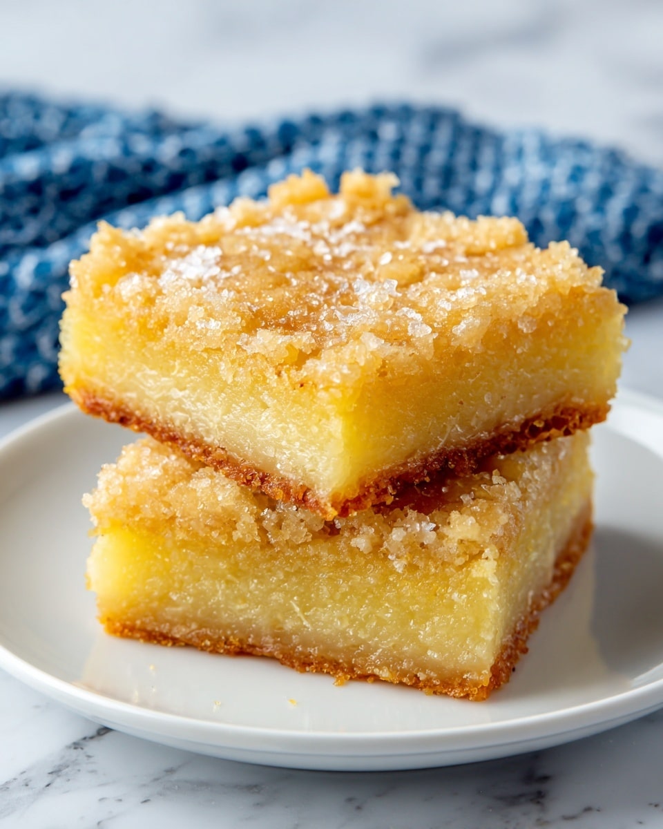 Two square pieces of a golden brown dessert are stacked on a white plate. Each piece has two layers: a slightly crispy, crumbly top layer with a light tan color and a moist, dense bottom layer with a soft yellow tone. The texture of the top layer looks sugary and rough, while the bottom layer appears smooth and thick. The white plate sits on a white marbled surface partially covered by a blue and white cloth. Photo taken with an iphone --ar 4:5 --v 7