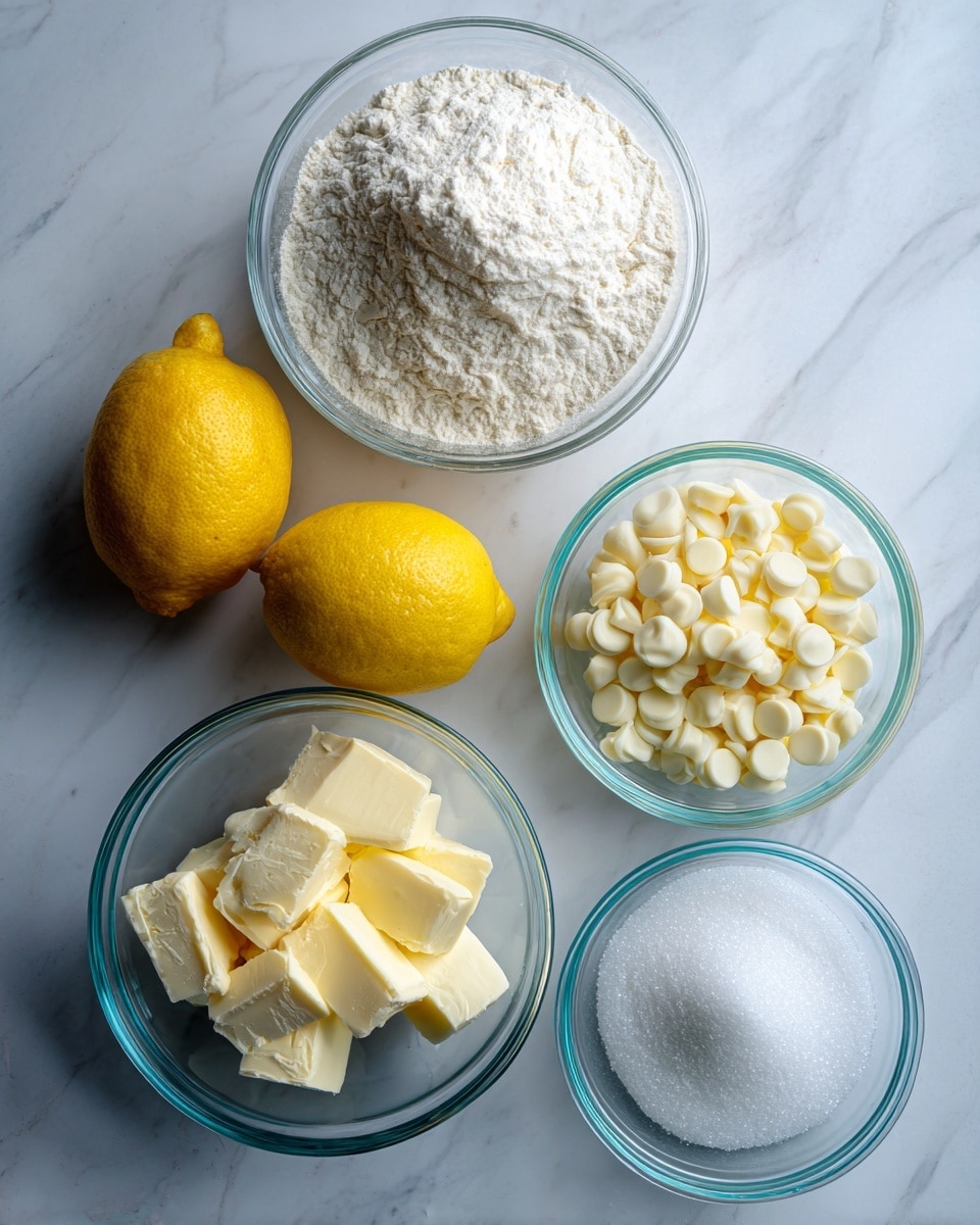 A clear glass bowl filled with a mound of fine white flour sits near the top center of the image on a white marbled surface. Below it, two whole yellow lemons with a smooth texture lie side by side. To the right of the lemons is a smaller clear glass bowl filled with small white chocolate chunks showing a slightly creamy color. Below the lemons and chocolate are two more clear glass bowls; one contains several chunks of light yellow butter and the other is filled with granulated white sugar with a sparkling texture. Each ingredient is labeled with teal text on white rectangular backgrounds. Photo taken with an iphone --ar 4:5 --v 7