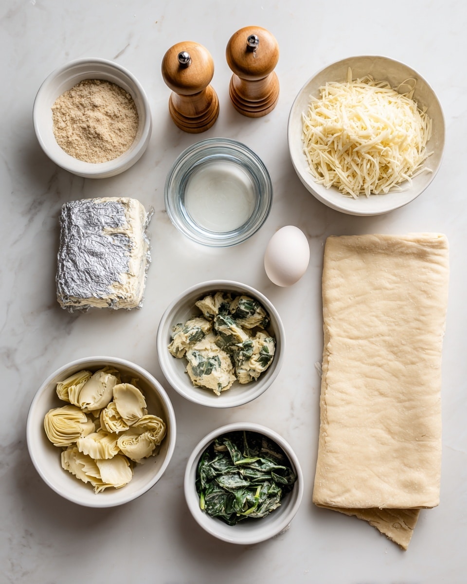 The image shows various ingredients laid out on a white marbled surface, all labeled clearly. There is a small white bowl with light brown garlic powder, two wooden pepper and salt shakers standing upright next to a white egg. A small glass bowl holds clear water, placed near a block of cream cheese wrapped in silver foil. A larger white bowl contains shredded mozzarella cheese, and two smaller white bowls hold chopped artichoke hearts and cooked spinach, both green and textured. On the right side, a sheet of puff pastry dough is rolled out flat with a light beige color. The items are spaced evenly in an organized manner. Photo taken with an iphone --ar 4:5 --v 7