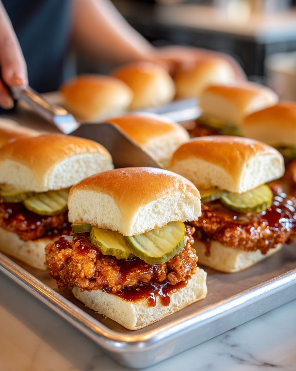 Small sandwiches are shown in a tray with a white marbled texture underneath. Each sandwich has three layers: the bottom layer is a soft, light beige bun, the middle layer is a piece of fried chicken with a shiny reddish-brown sauce, and the top layer is several green pickle slices, followed by the top soft light beige bun. One sandwich is being held by a woman's hand with a metal spatula, showing the layers clearly. The soft texture of the buns and the glossy sauce on the chicken are very visible. Photo taken with an iphone --ar 4:5 --v 7