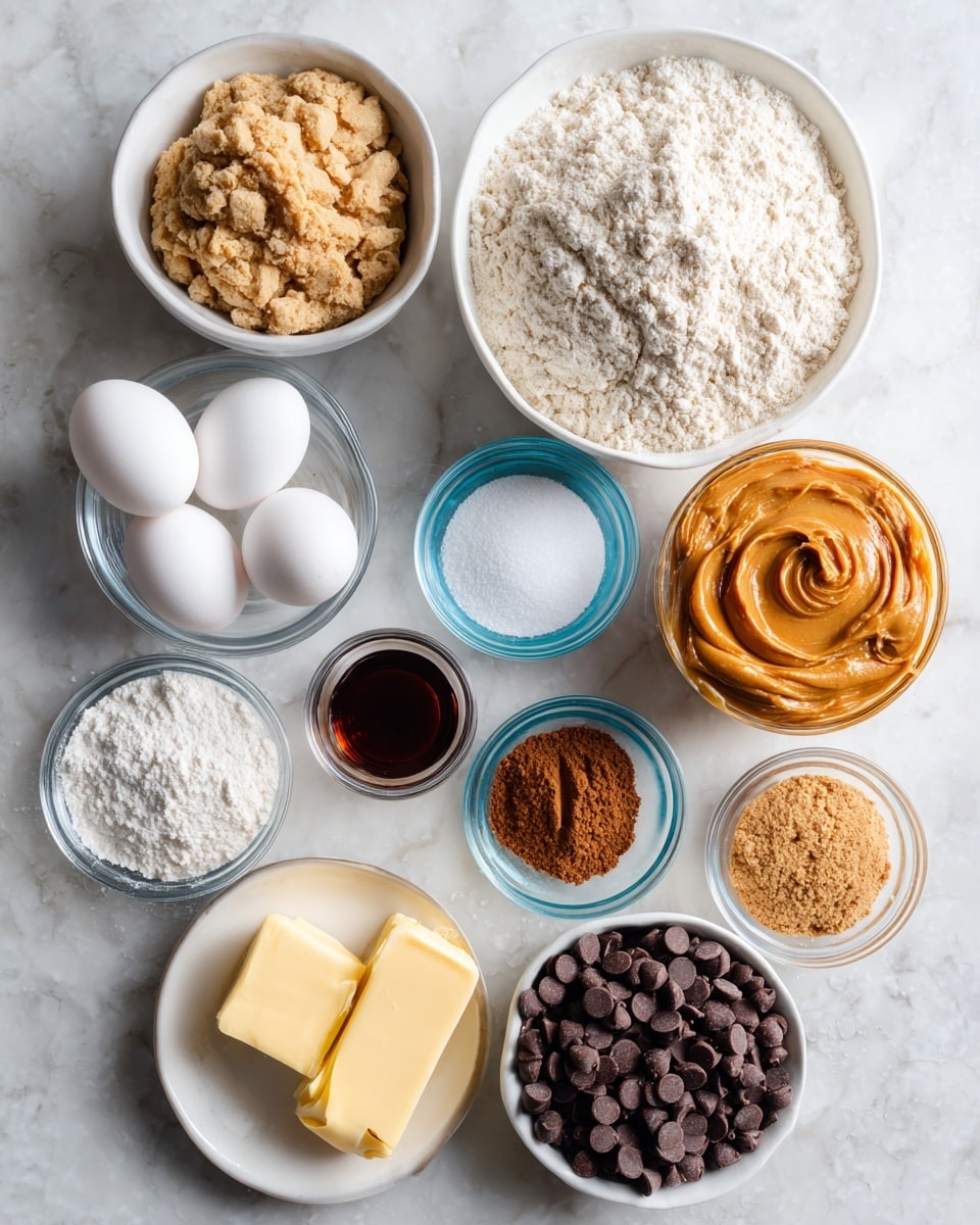 A top-down view shows multiple bowls and small containers arranged neatly on a white marbled surface. At the center top is a large white bowl filled with light beige all-purpose flour with a coarse texture. To the right, there is a silver measuring cup full of smooth, creamy peanut butter with a rich orange-brown color. Below the peanut butter, two small transparent blue glass bowls hold white baking powder and white salt, both powdery. Between these is a small white bowl with dark brown vanilla extract. In the middle left, two white eggs are placed side by side. Beneath the eggs, two glass bowls contain fine granulated white sugar and crumbly brown sugar. To the lower right, a white bowl is filled with numerous small dark brown semi-sweet chocolate chips with a shiny surface. At the bottom left, a white bowl contains smooth peanut butter chips in a warm light orange shade. Near the semi-sweet chocolate chips, there is a stick of yellow butter with a paper wrapper on the surface. The whole setup sits cleanly on the white marbled texture, capturing a neat baking preparation scene. photo taken with an iphone --ar 4:5 --v 7