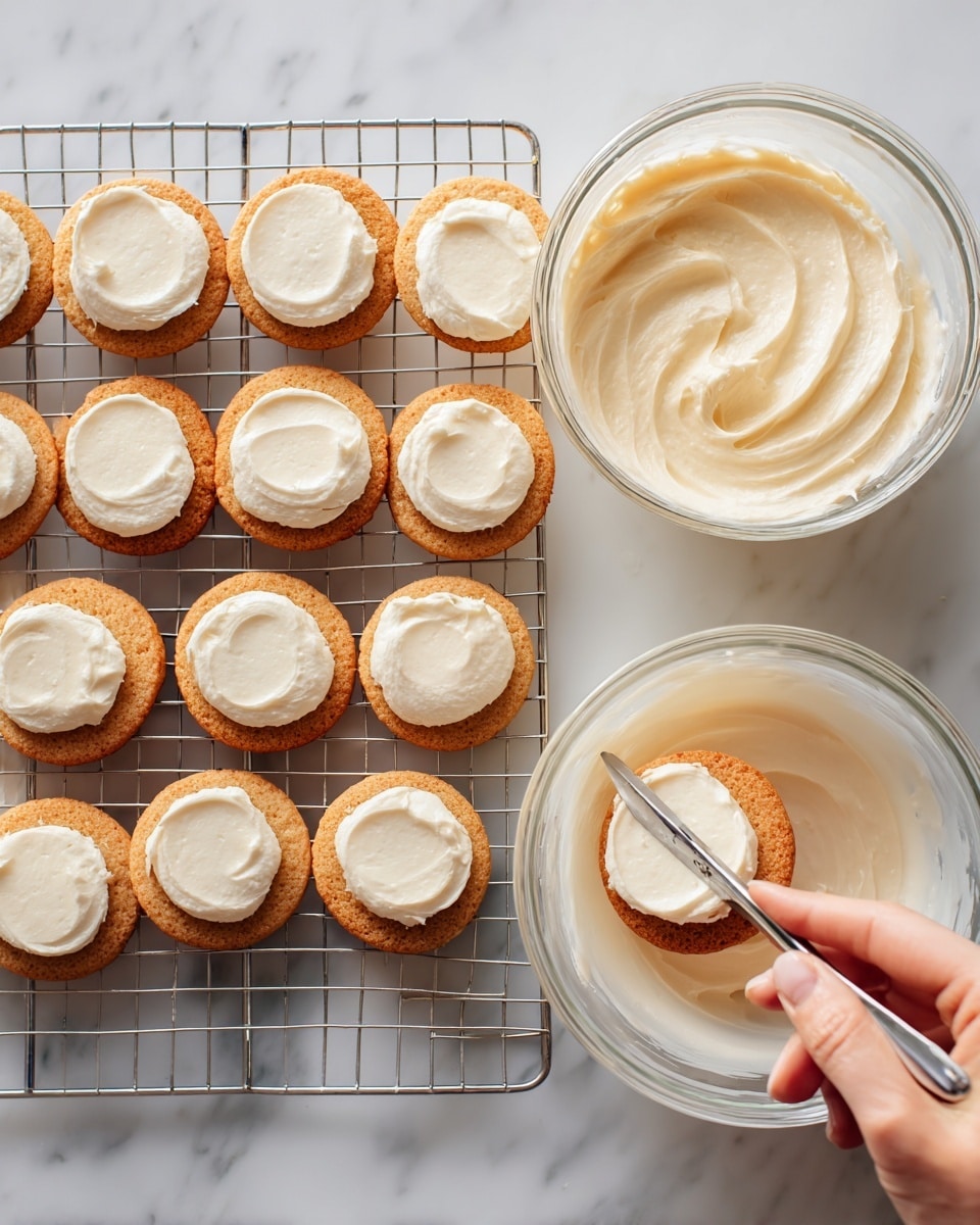 The image shows a white marbled surface with a cooling rack holding two layers of round, golden brown cookies arranged in two neat rows, some plain and some topped with light beige frosting spread smoothly on top. A woman's hand is holding one cookie while using a spreading knife to carefully spread the frosting on it. To the right, there is a clear glass bowl containing more of the same light beige frosting, with a creamy and slightly thick texture. The scene is bright and clean, focusing on the fresh frosting process photo taken with an iphone --ar 4:5 --v 7