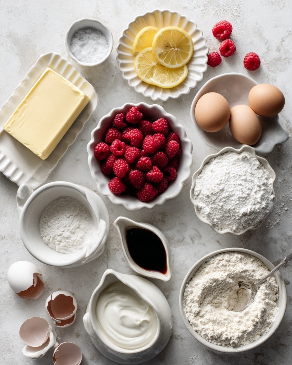 The image shows an arrangement of baking ingredients on a white marbled surface. There are eleven white dishes of different shapes and sizes, each with distinct content: a ruffled bowl filled with fresh, bright red raspberries positioned top right-center; a small scalloped dish with some lemon wedges just above the raspberries; a rectangular slab of pale yellow butter at top left; a small round dish filled with white salt nearby; a round dish with white powdered sugar; another small scalloped dish with white baking powder; a tiny white jug holding dark vanilla extract; a large bowl with two raw eggs cracked open in it; a bowl filled with white flour next to the eggs; another bowl with light beige flour to the right of the first flour bowl; and a bowl filled with white Greek yogurt with a spoon inside, near the bottom center. Scattered around are empty eggshells and loose raspberries. The scene is bright and well-lit, with a clean, organized look. photo taken with an iphone --ar 4:5 --v 7