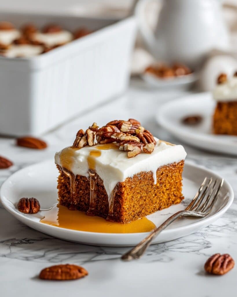 Pumpkin Poke Cake with Caramel, Cream Cheese Frosting, and Pecans Recipe