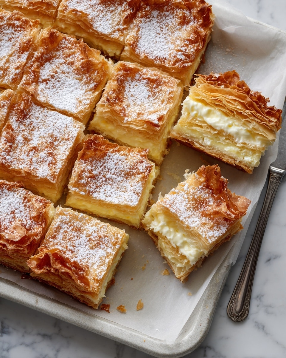 A white baking tray lined with parchment paper holds a rectangular pastry made of many thin, golden brown layers of crispy dough, puffed and flaky on top, dusted evenly with powdered sugar. The pastry is cut into nine roughly square pieces, with two of them slightly pulled out to show the soft, creamy, pale yellow filling inside. The edges of the pastry are darker and more browned, with some crisp, crinkled corners. The background surface is white marbled, and a silver knife is placed beside the tray. Photo taken with an iphone --ar 4:5 --v 7